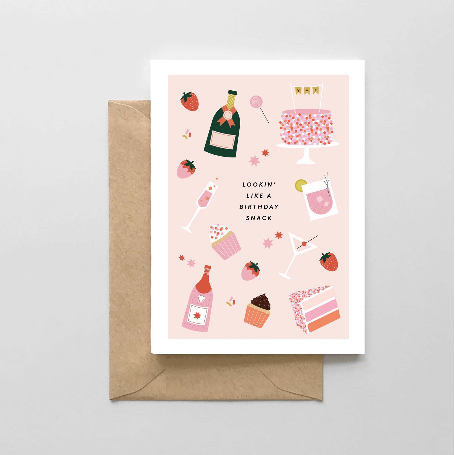 Birthday card with "looking like a birthday snack" written on it
