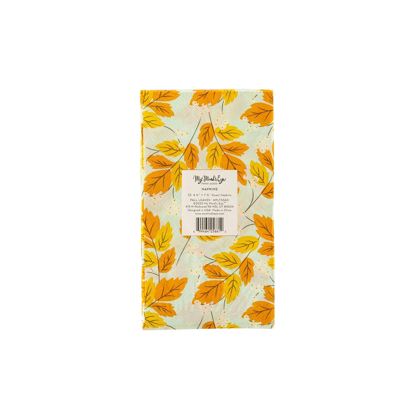 Back image of a fall leaf-printed dinner napkin