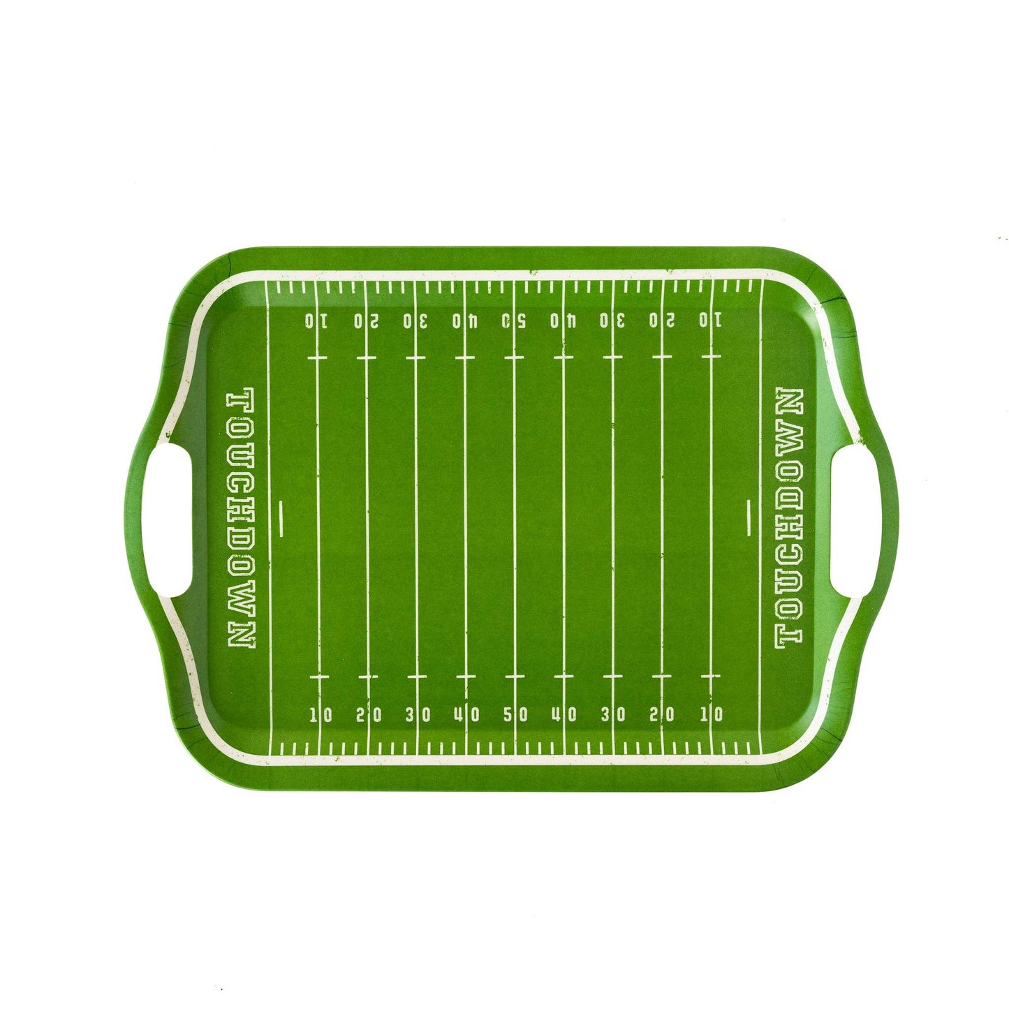 Image of a green reusable bamboo serving tray with a football field design