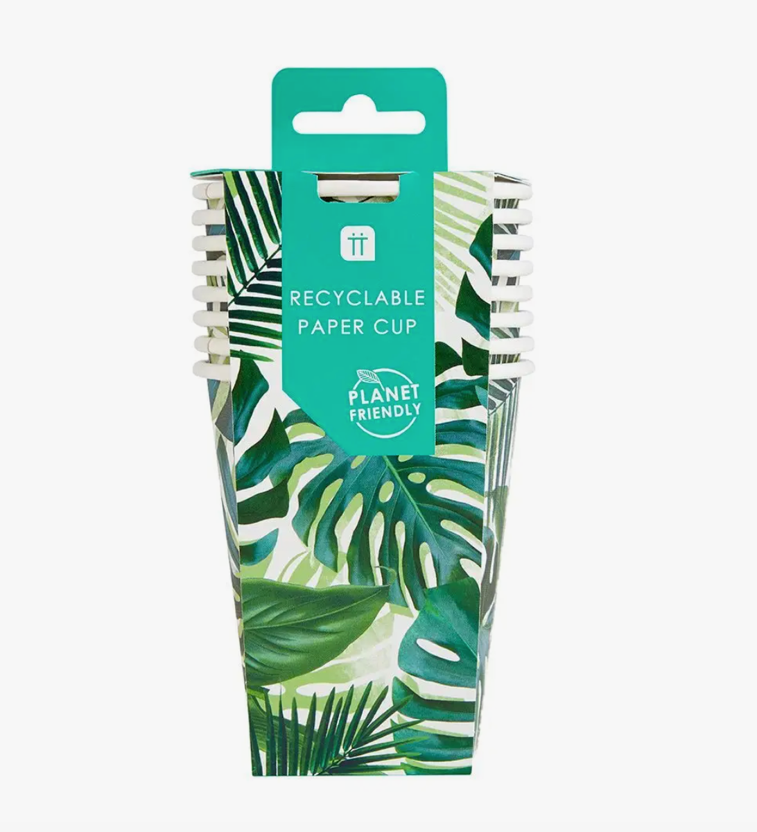 Product shot of 8-pack of cups featuring "planet friendly" logo