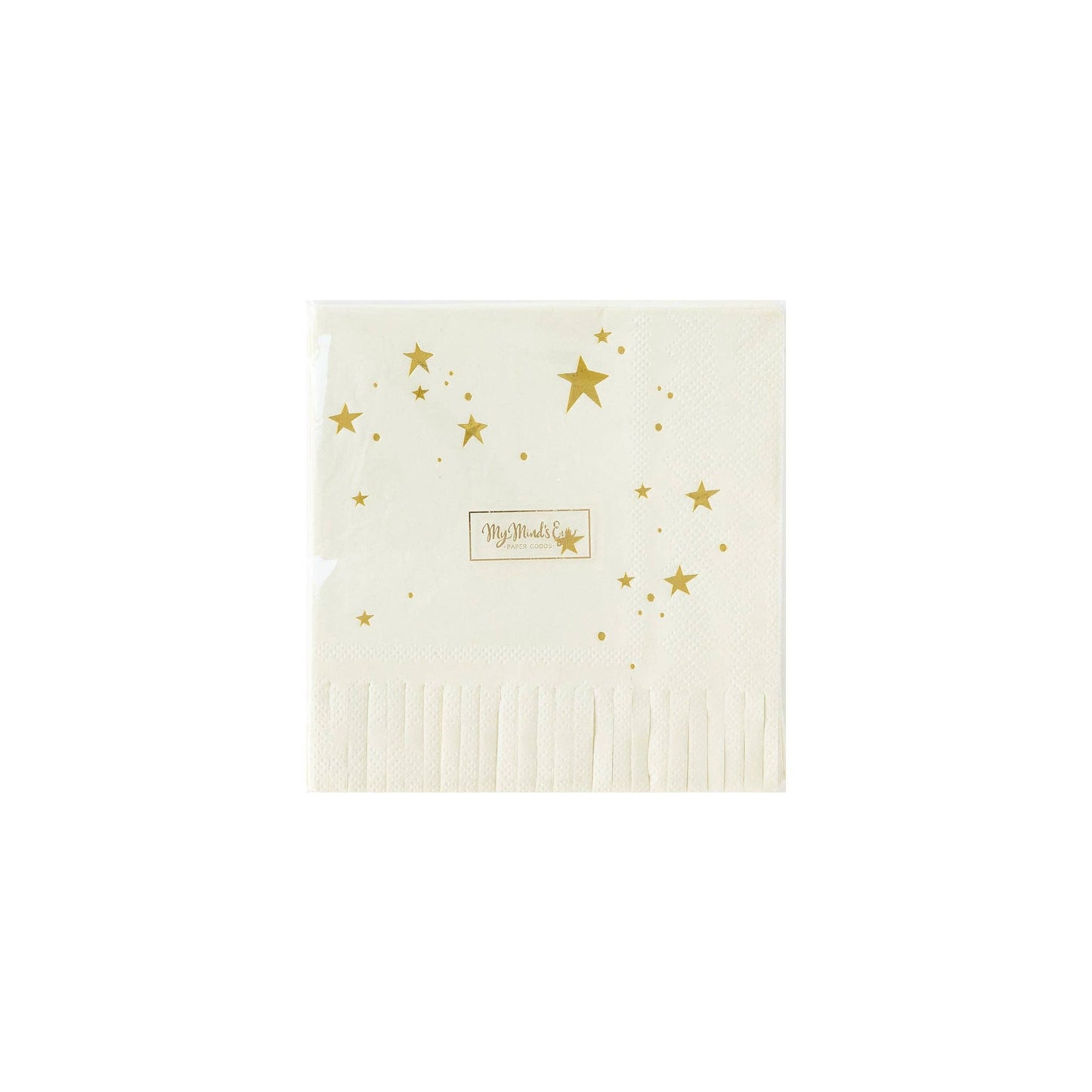 Front image of a star print fringed cocktail napkin with gold star details
