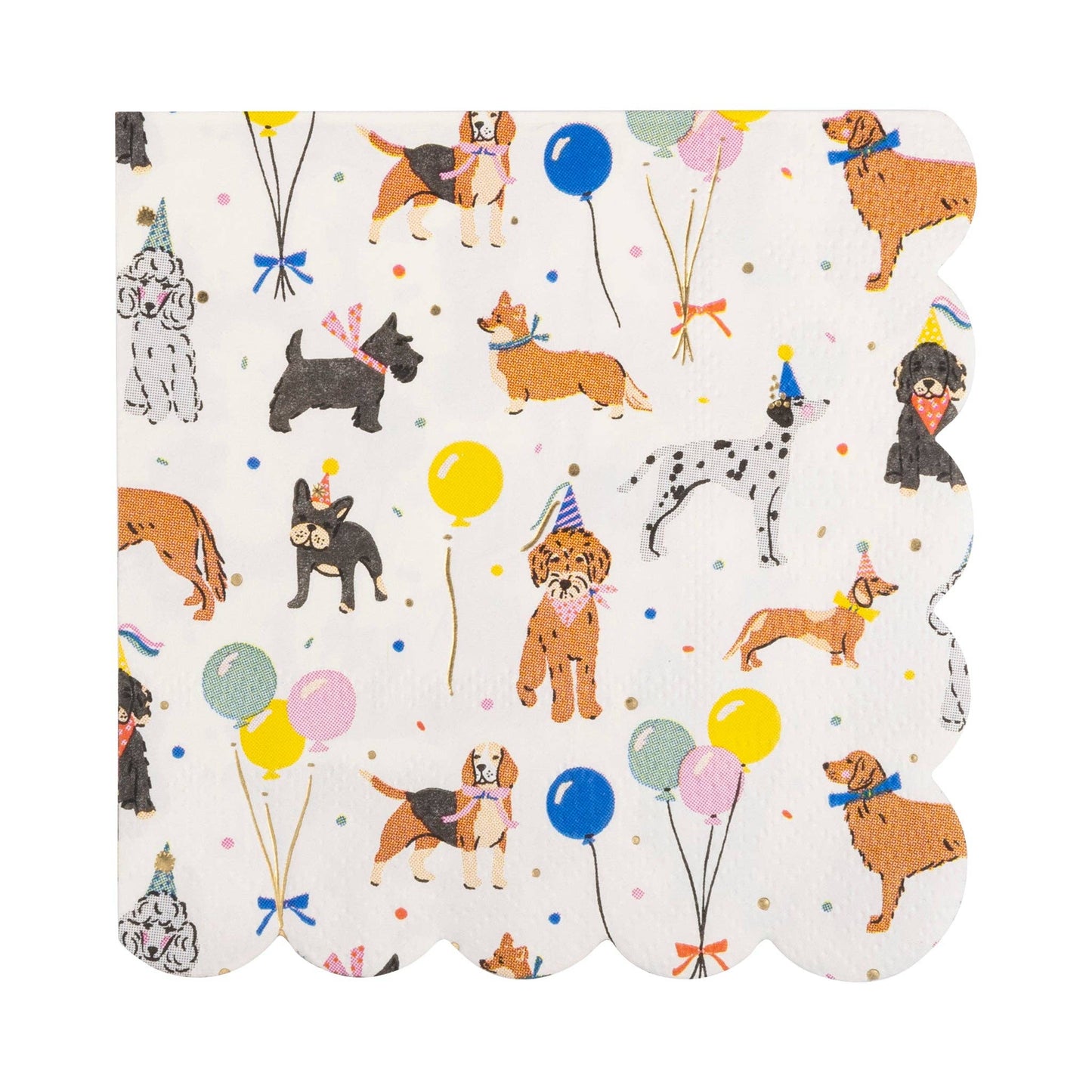 Patterned napkin with illustrations of dogs and balloons on a white background