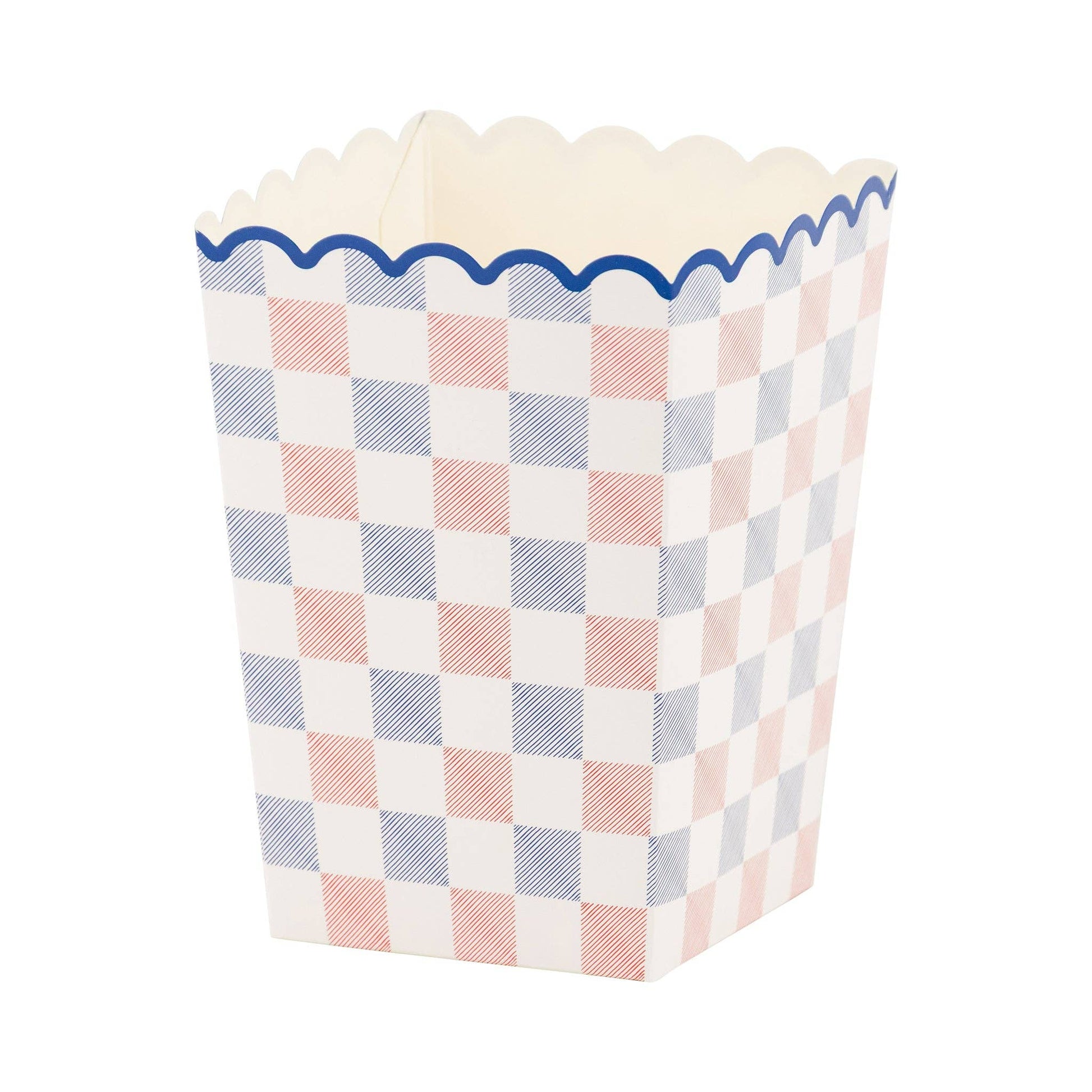 Treat box with checkered red, white and blue pattern, with scalloped edge on a white background