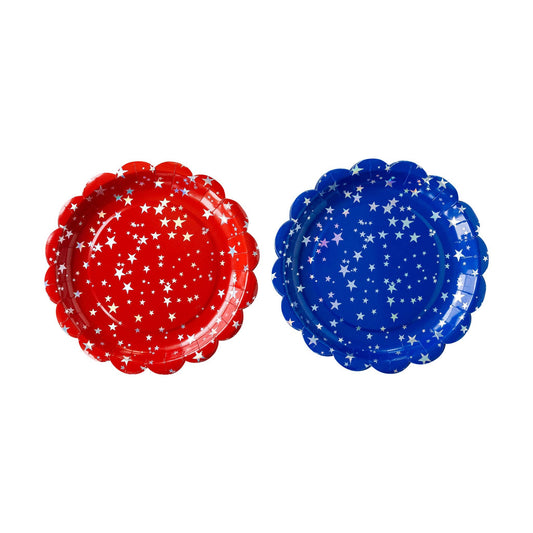 set of red and blue star print scalloped paper party plates