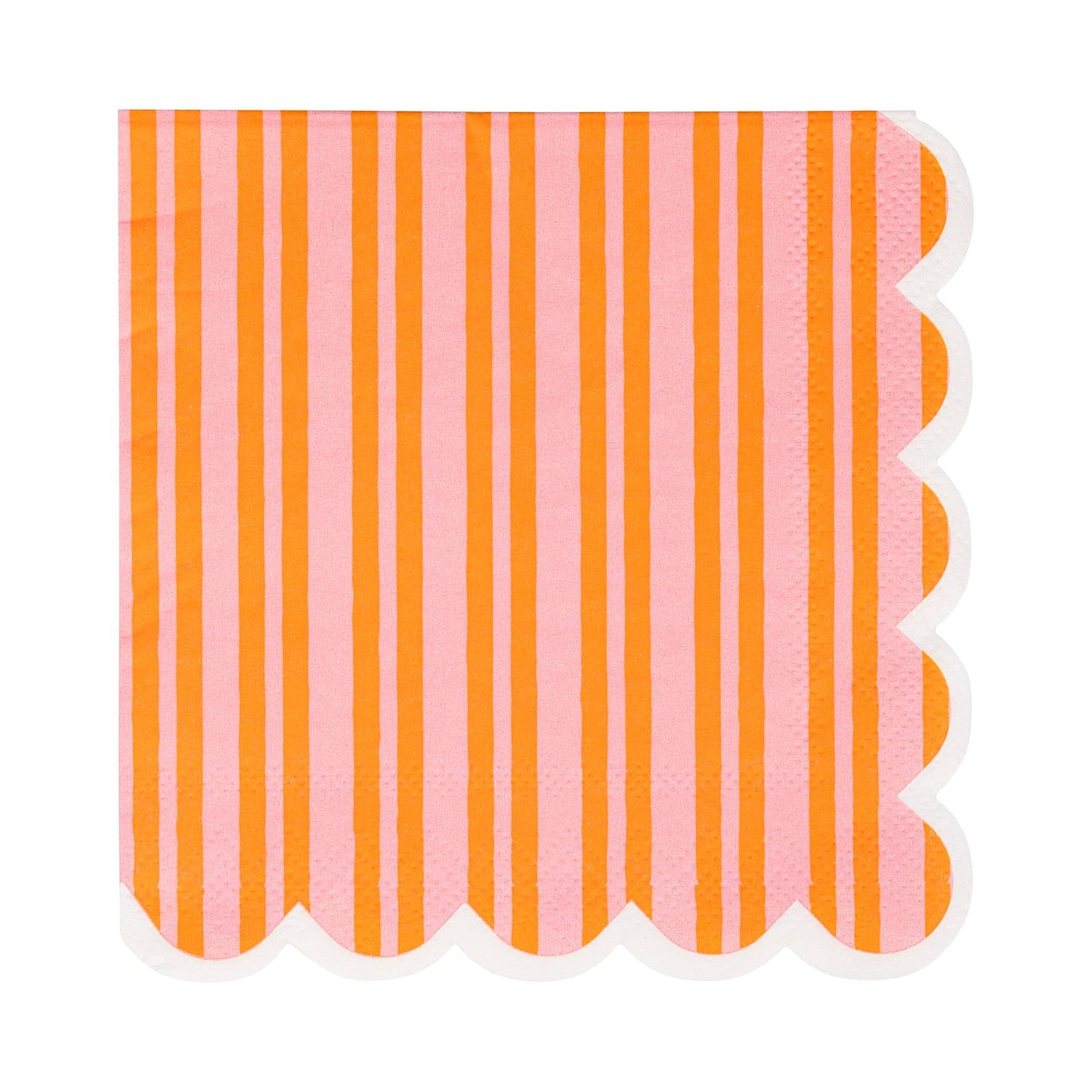 Pink and orange striped napkin with scallop-edged on 2 sides on a white background