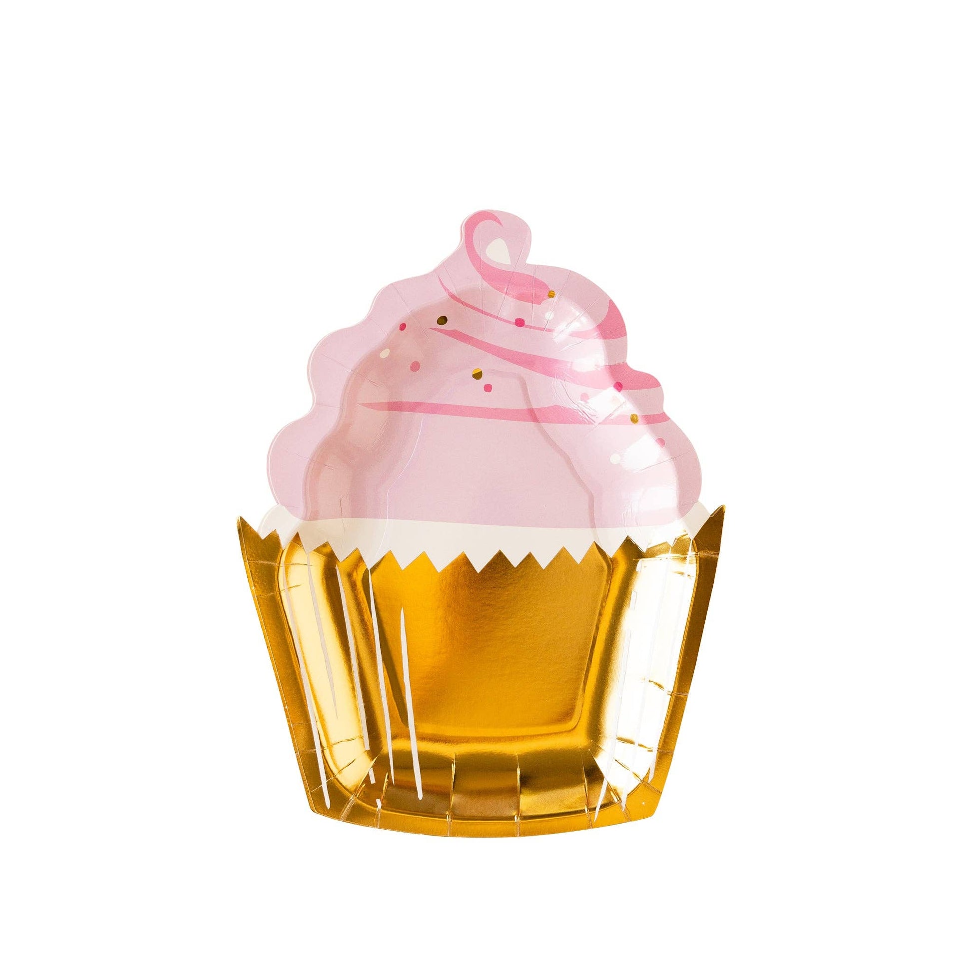 Cupcake-shaped plate with pink frosting and gold wrapper on a white background