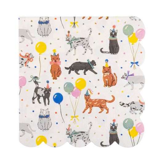 Paper party napkins with cat illustrations and balloons on a white background