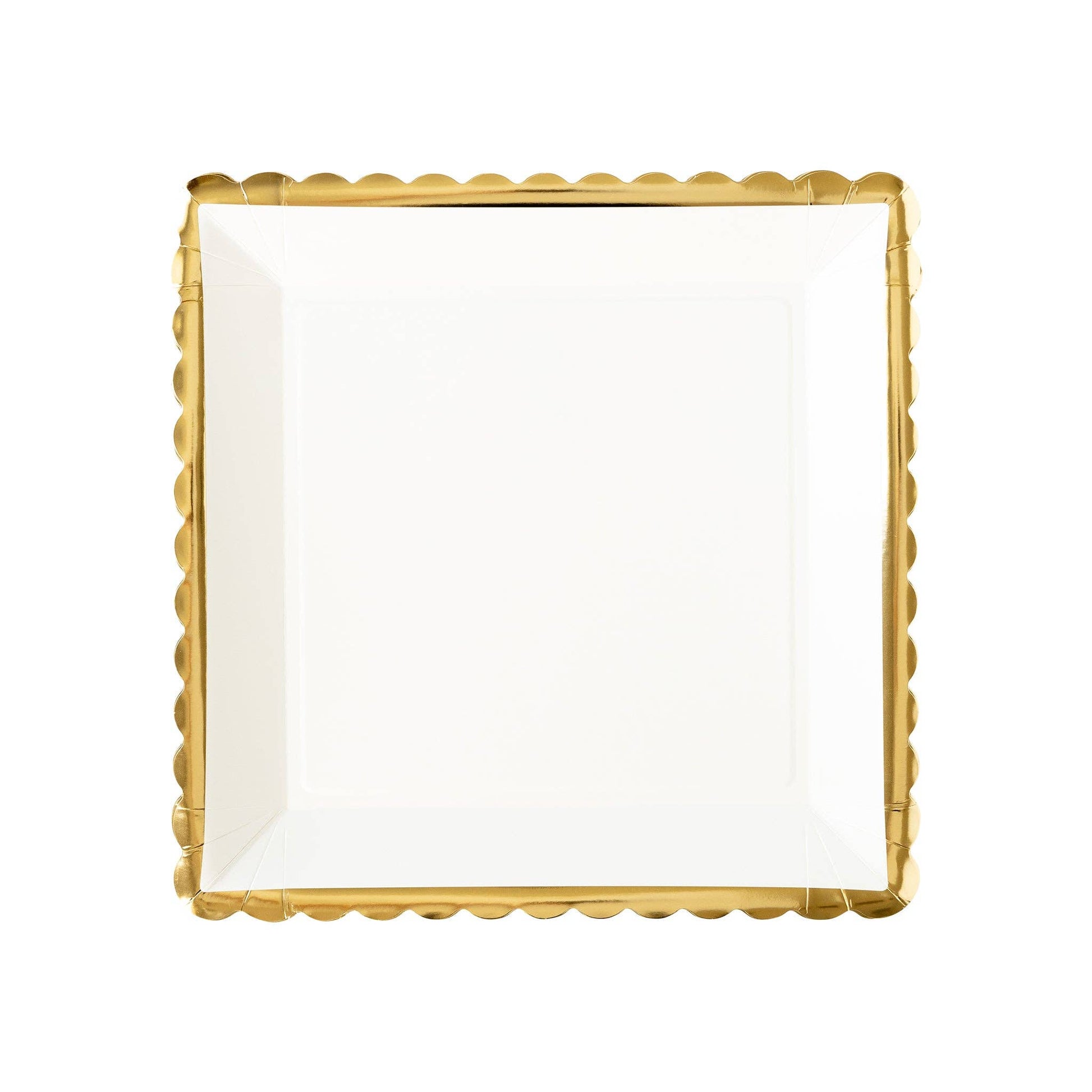 large white square paper plate with gold scalloped edge detail