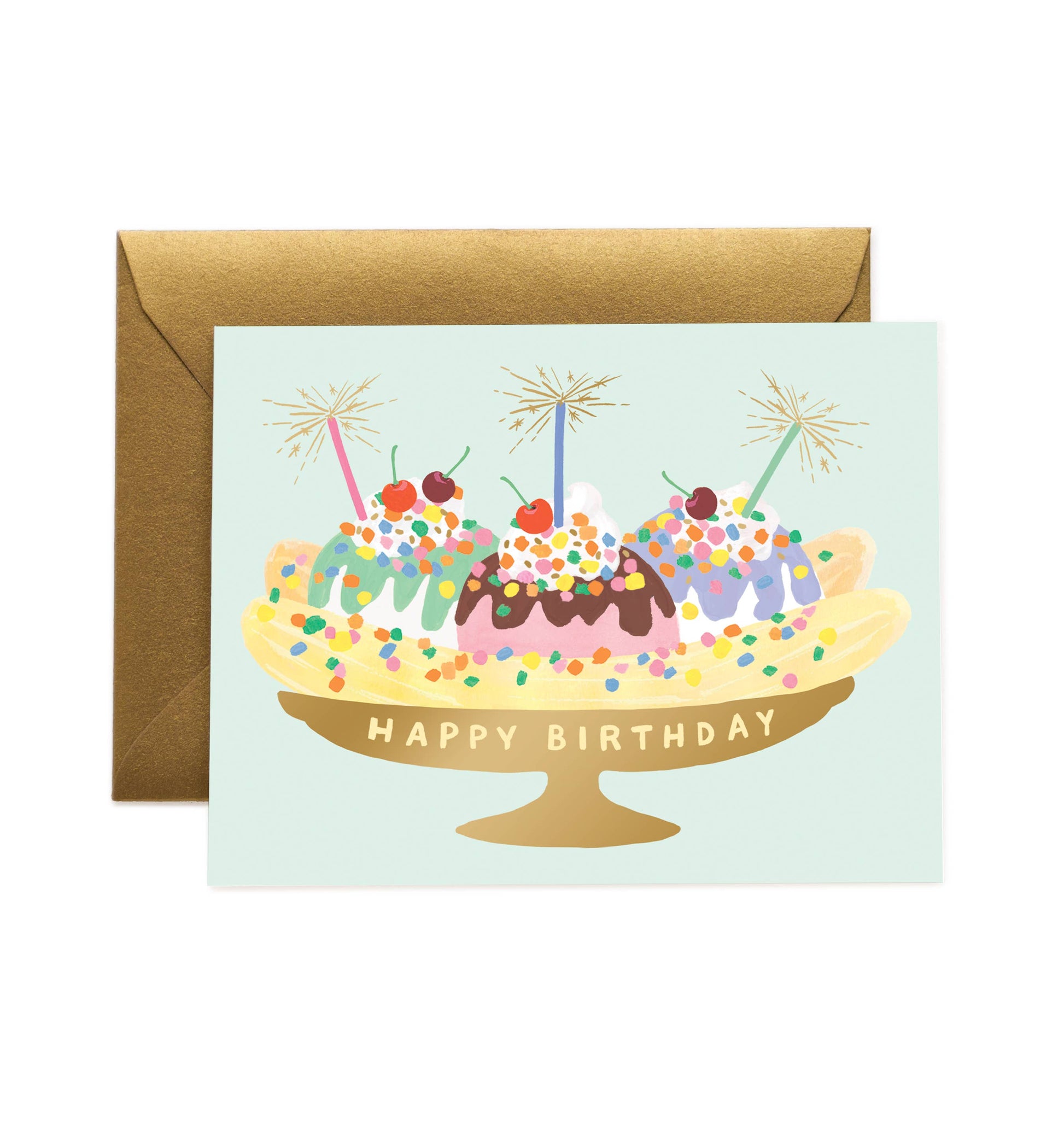 Birthday card with a dessert illustration and 'Happy Birthday' text, featuring a gold envelope.
