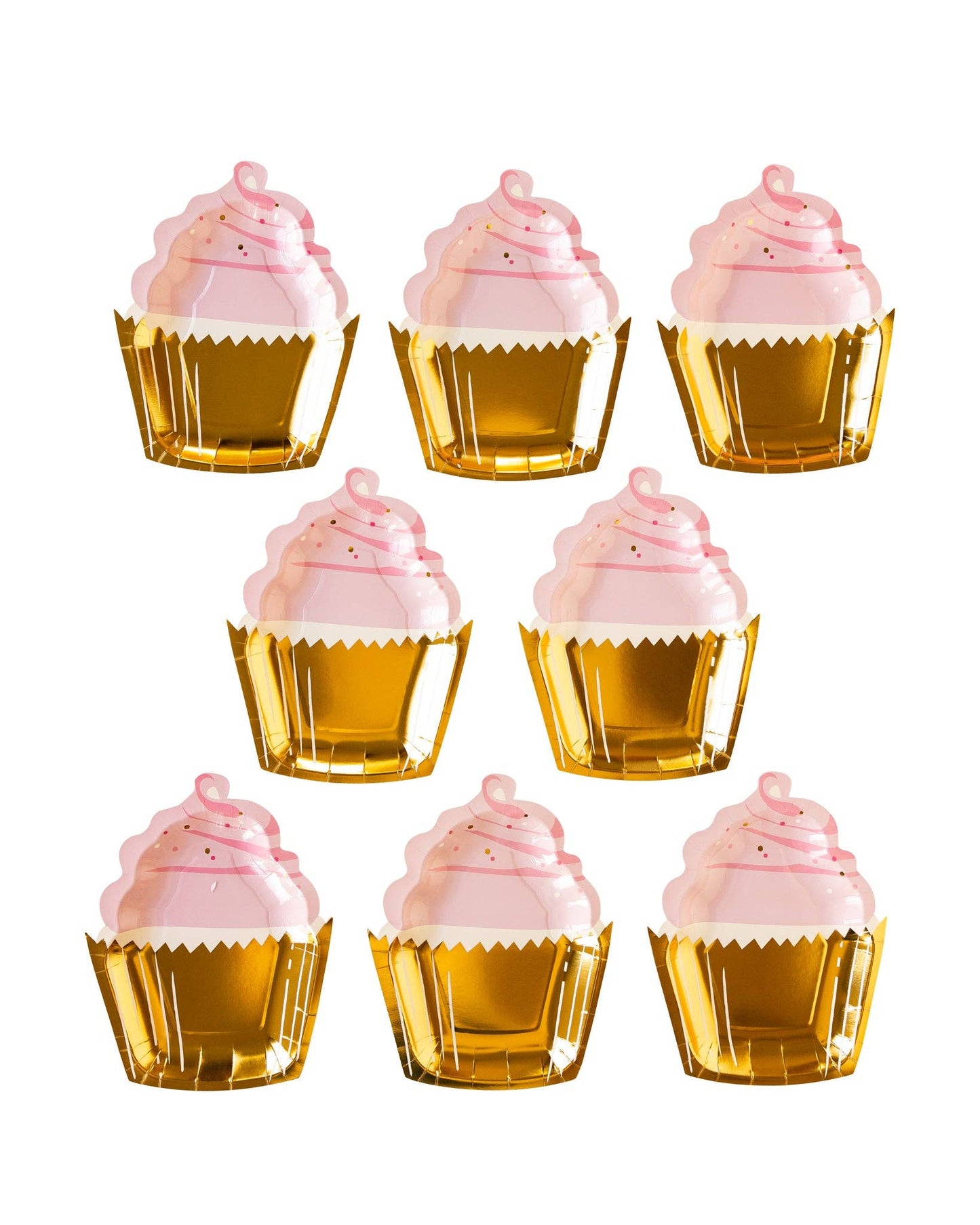 8 cupcake shaped plates with pink frosting and gold wrappers on a white background