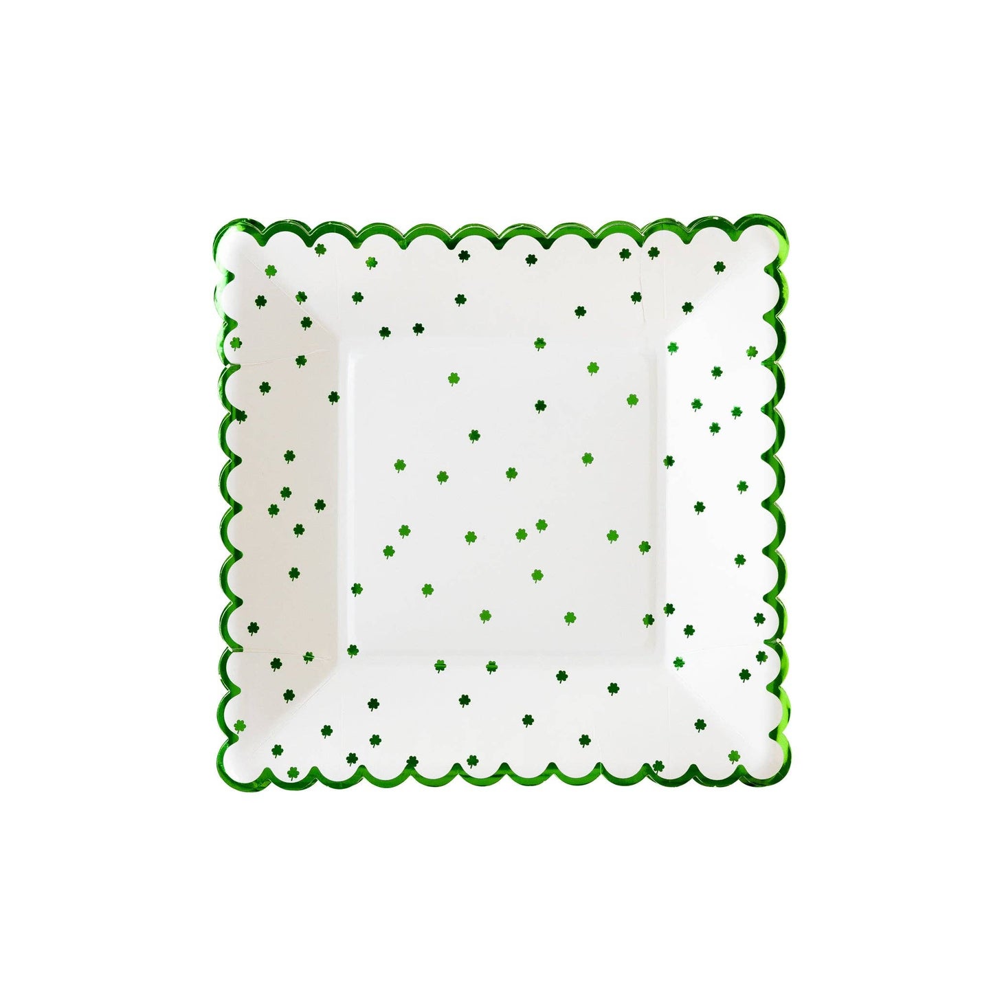 Packshot of square scalloped plate with green foil shamrocks