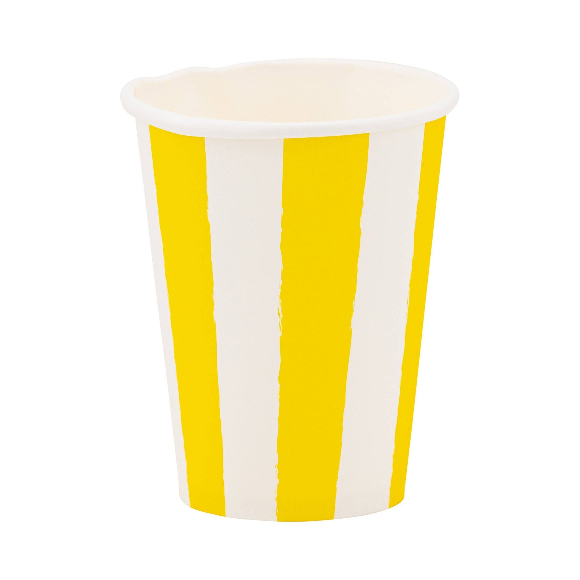 Yellow and white striped paper cups on a white background