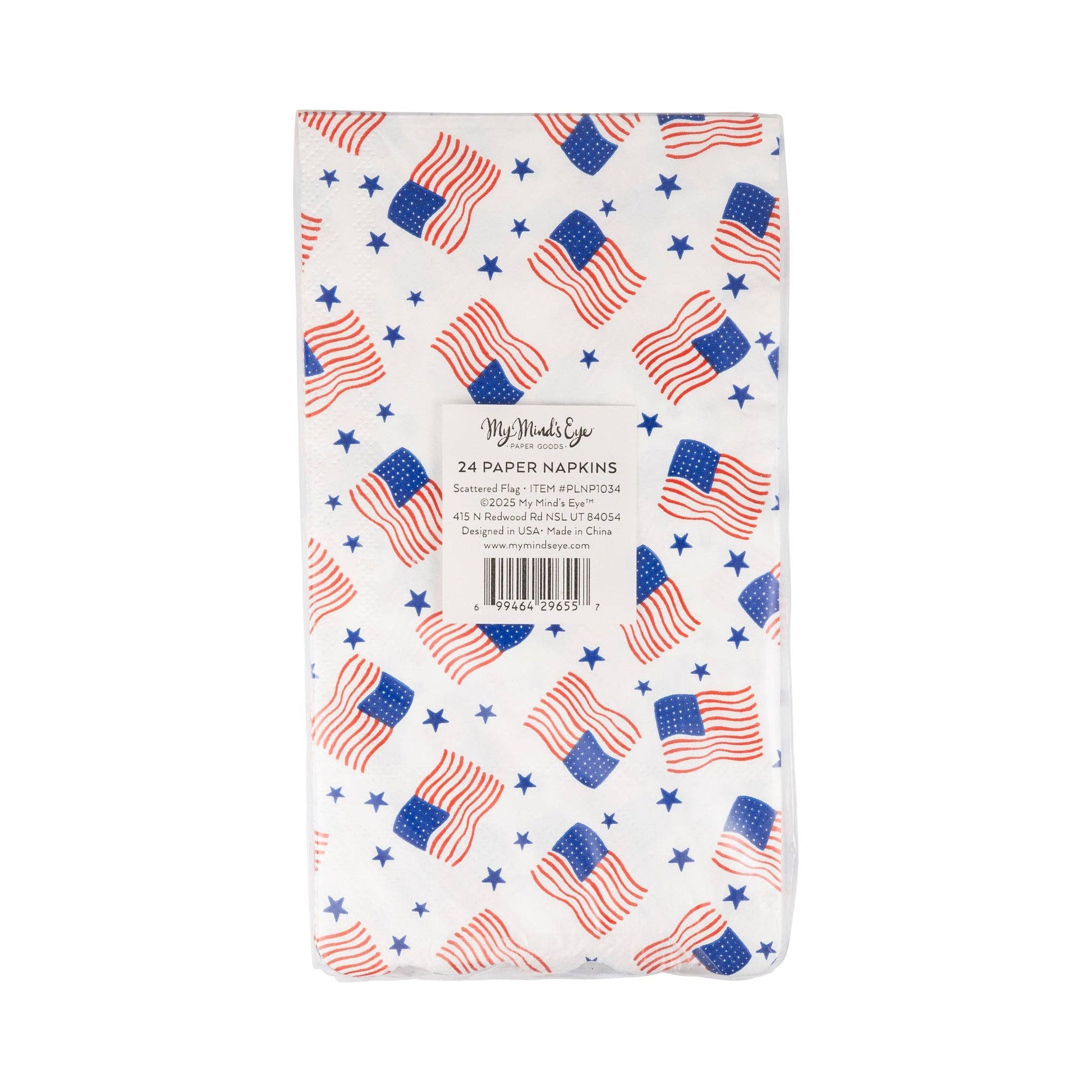 Pack of paper napkins with American flag design on a white background