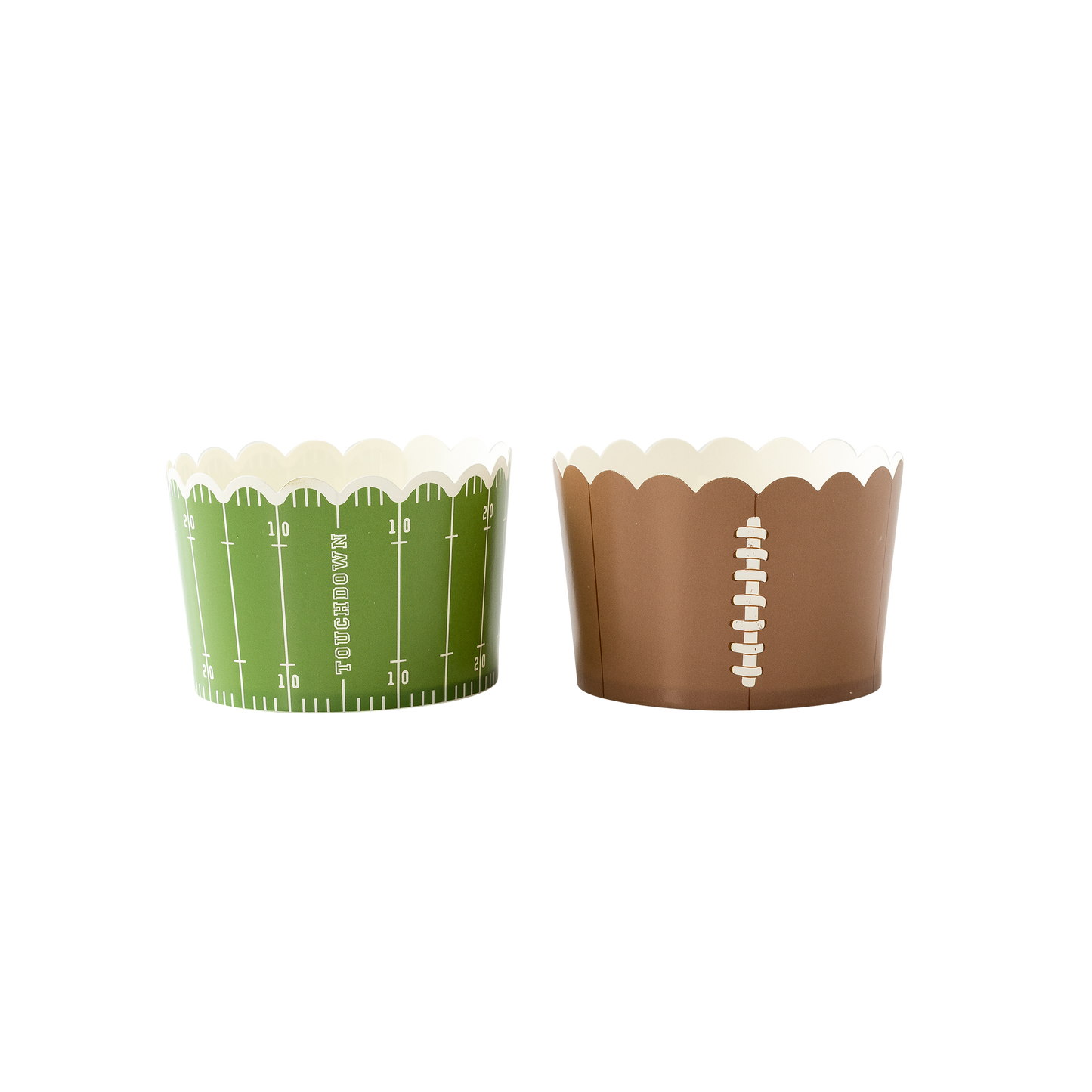Two cupcake liners, one green with football field design and one brown with football design, on a white background.