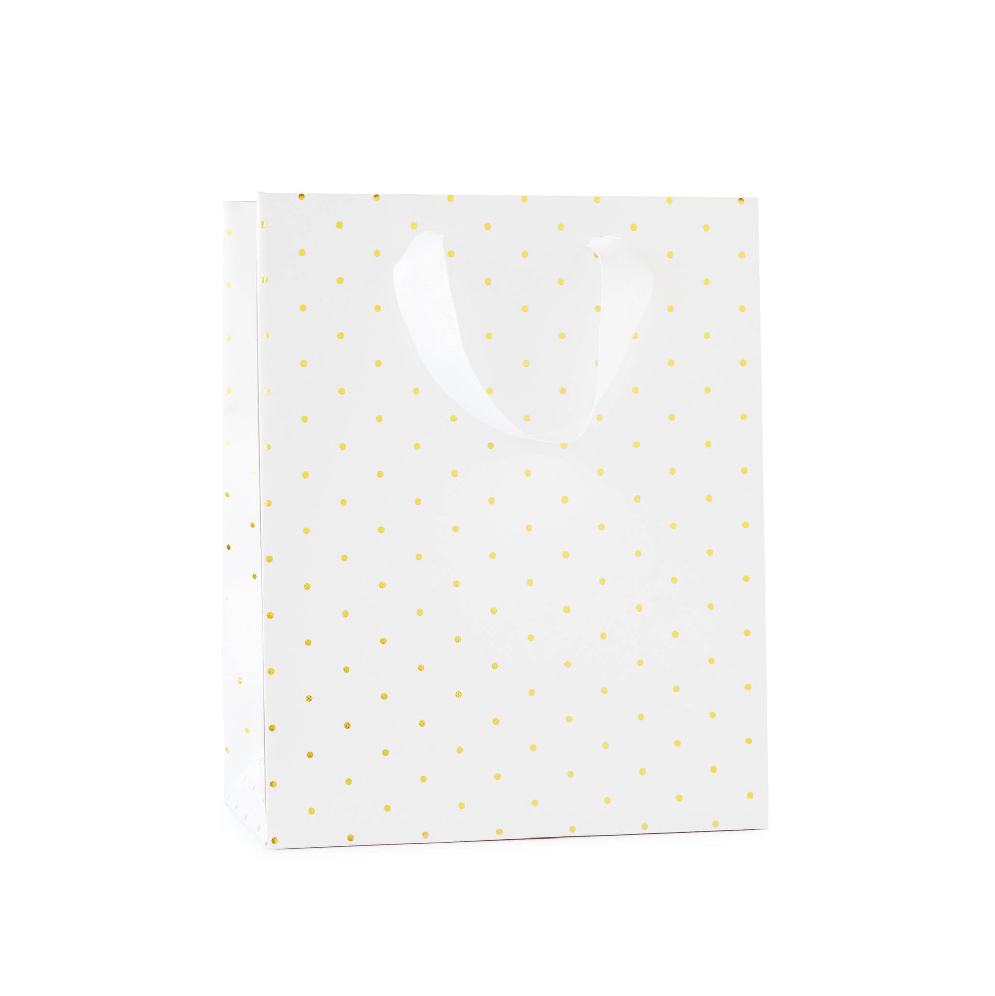 White paper bag with gold polka dots on a white background