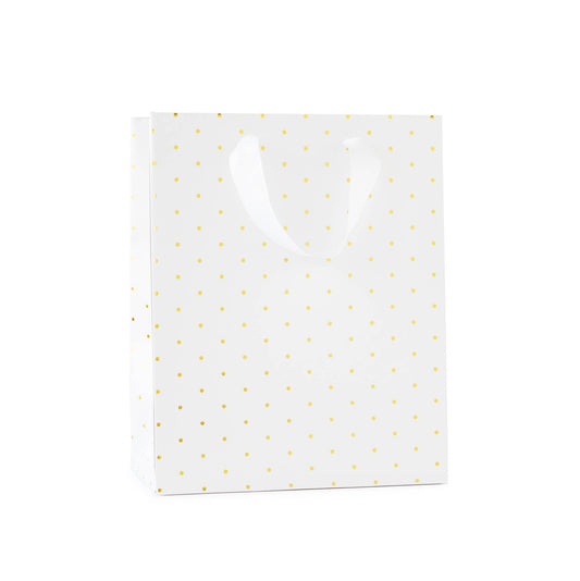 White paper bag with gold polka dots on a white background