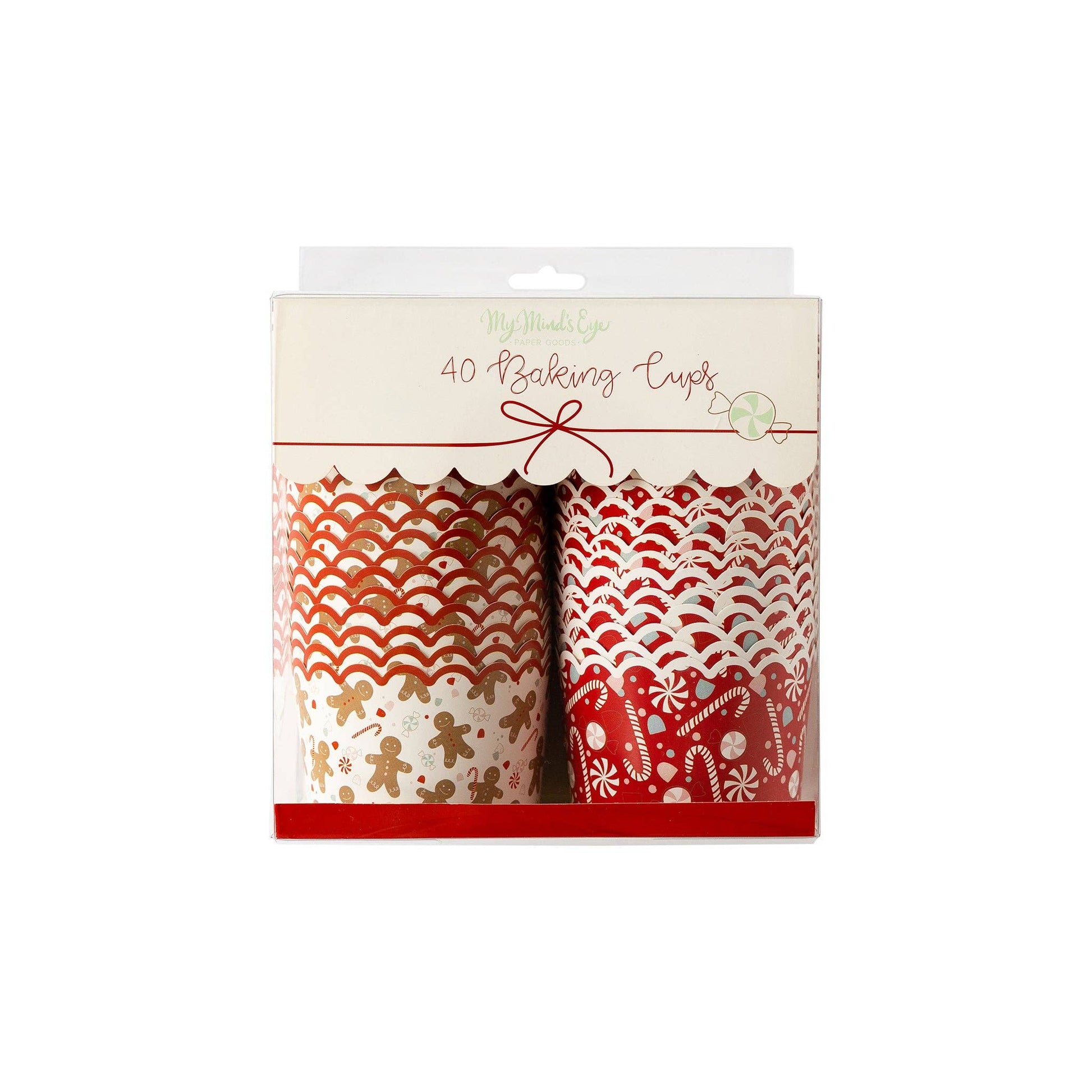 Package of baking cups with gingerbread and peppermint design on a white background