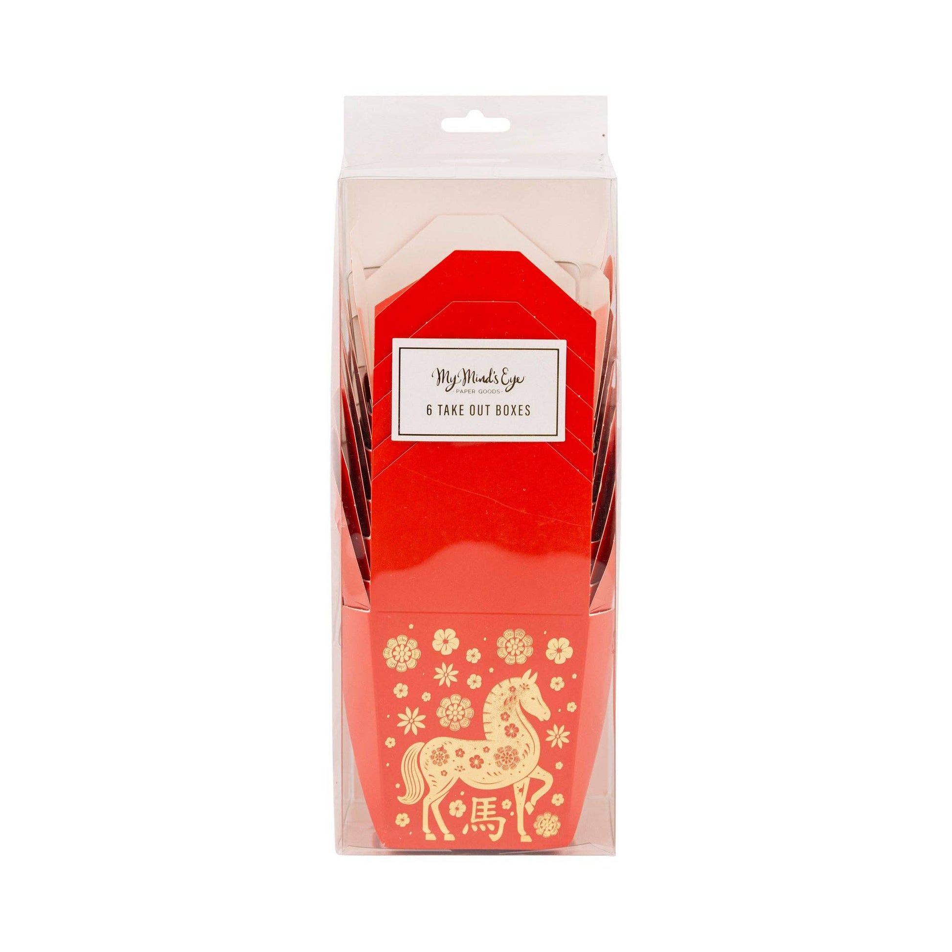 Package of red takeout boxes with gold horse design on a white background