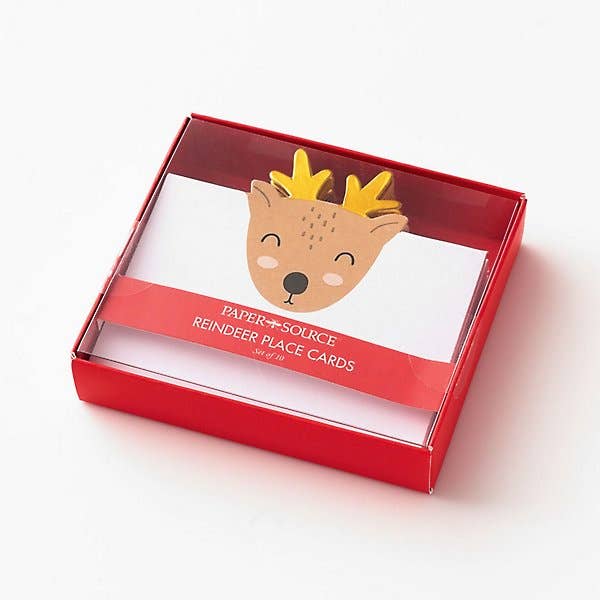 Box of reindeer place cards on a white background
