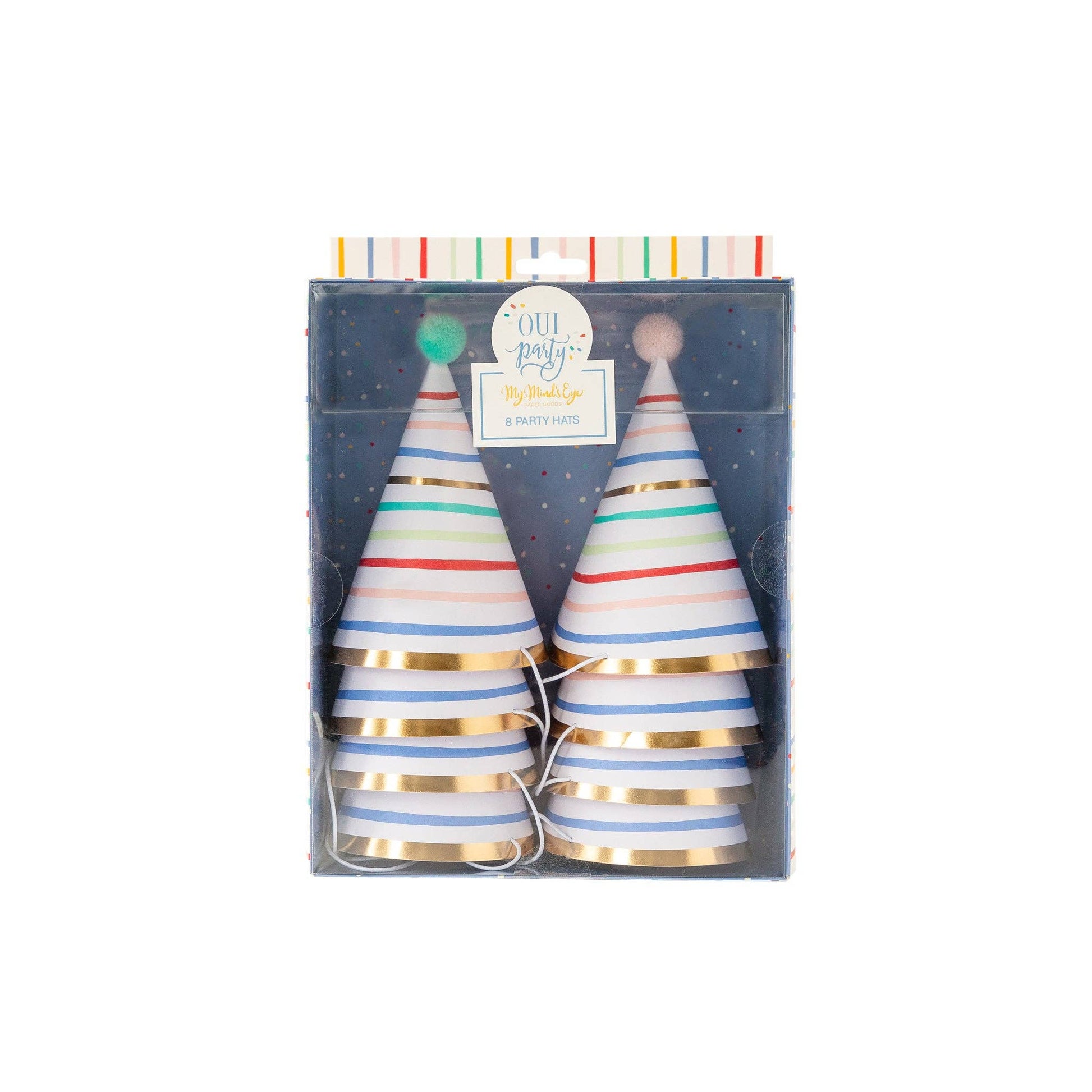 Set of 8 packaged party hats with colorful stripes and gold foil details on a white background