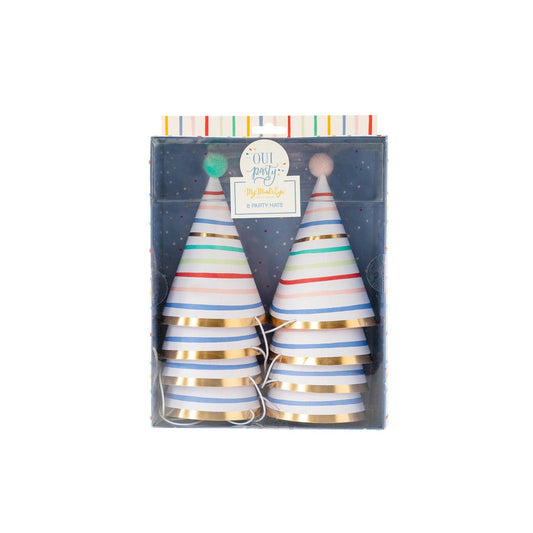 Set of 8 packaged party hats with colorful stripes and gold foil details on a white background
