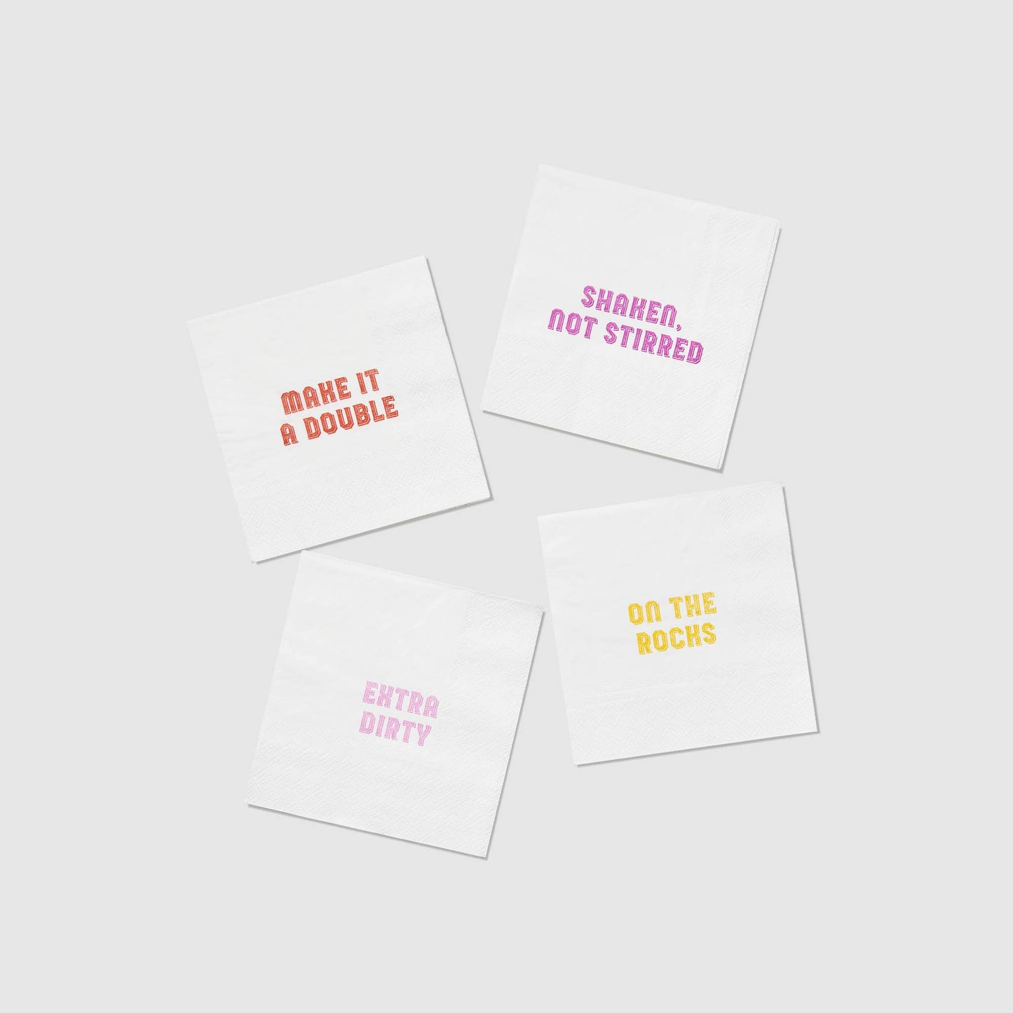 Four cocktail napkins with humorous drink-themed sayings on a white background