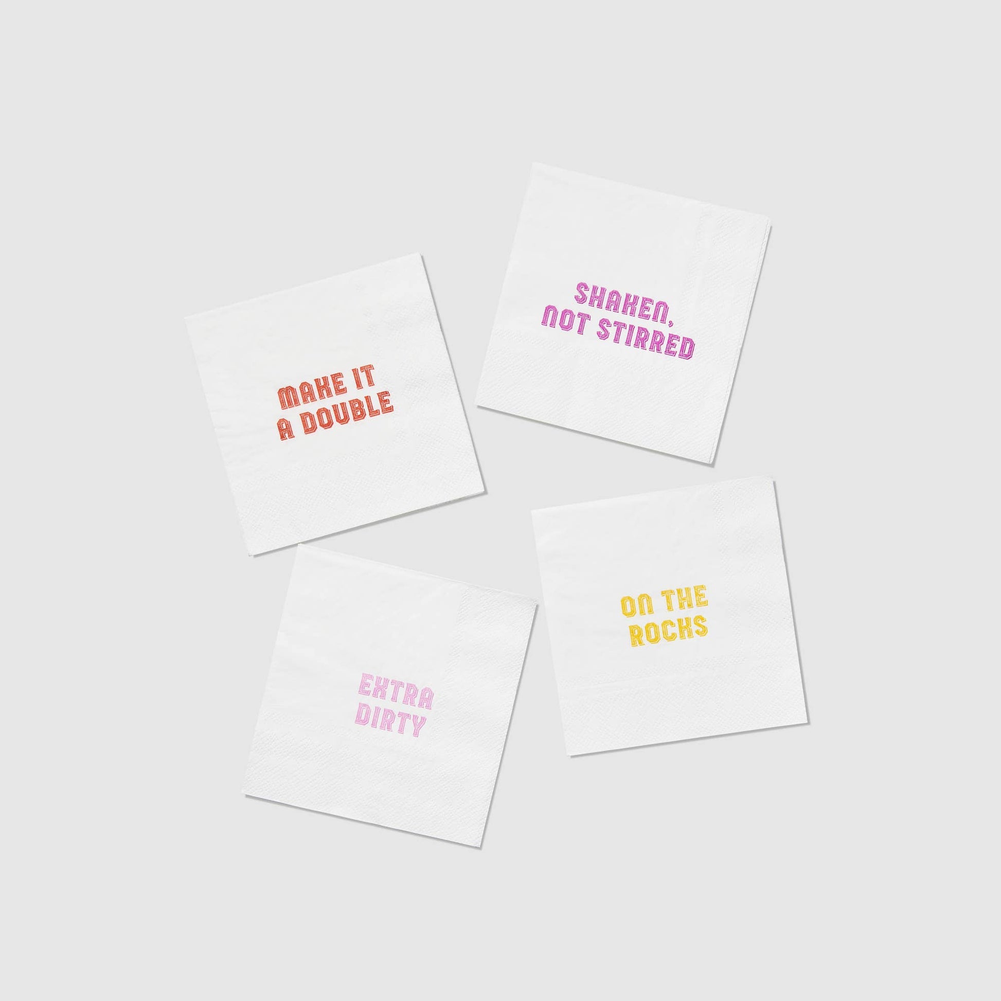 Four cocktail napkins with humorous drink-themed sayings on a white background