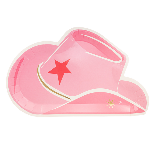 Pink cowboy hat paper plate with a red star
