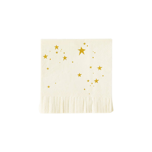 Front image of a star print fringed cocktail napkin with gold star details