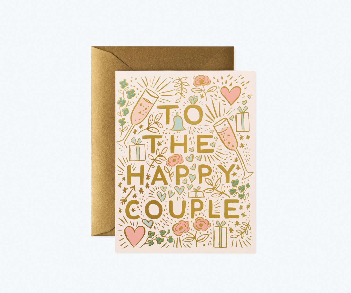 Greeting card with 'To the Happy Couple' text and decorative elements on a white background