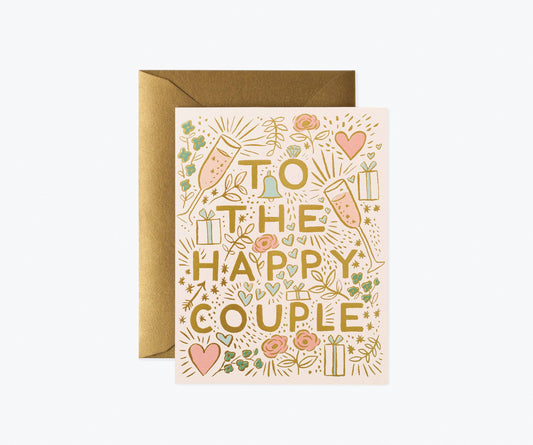 Greeting card with 'To the Happy Couple' text and decorative elements on a white background