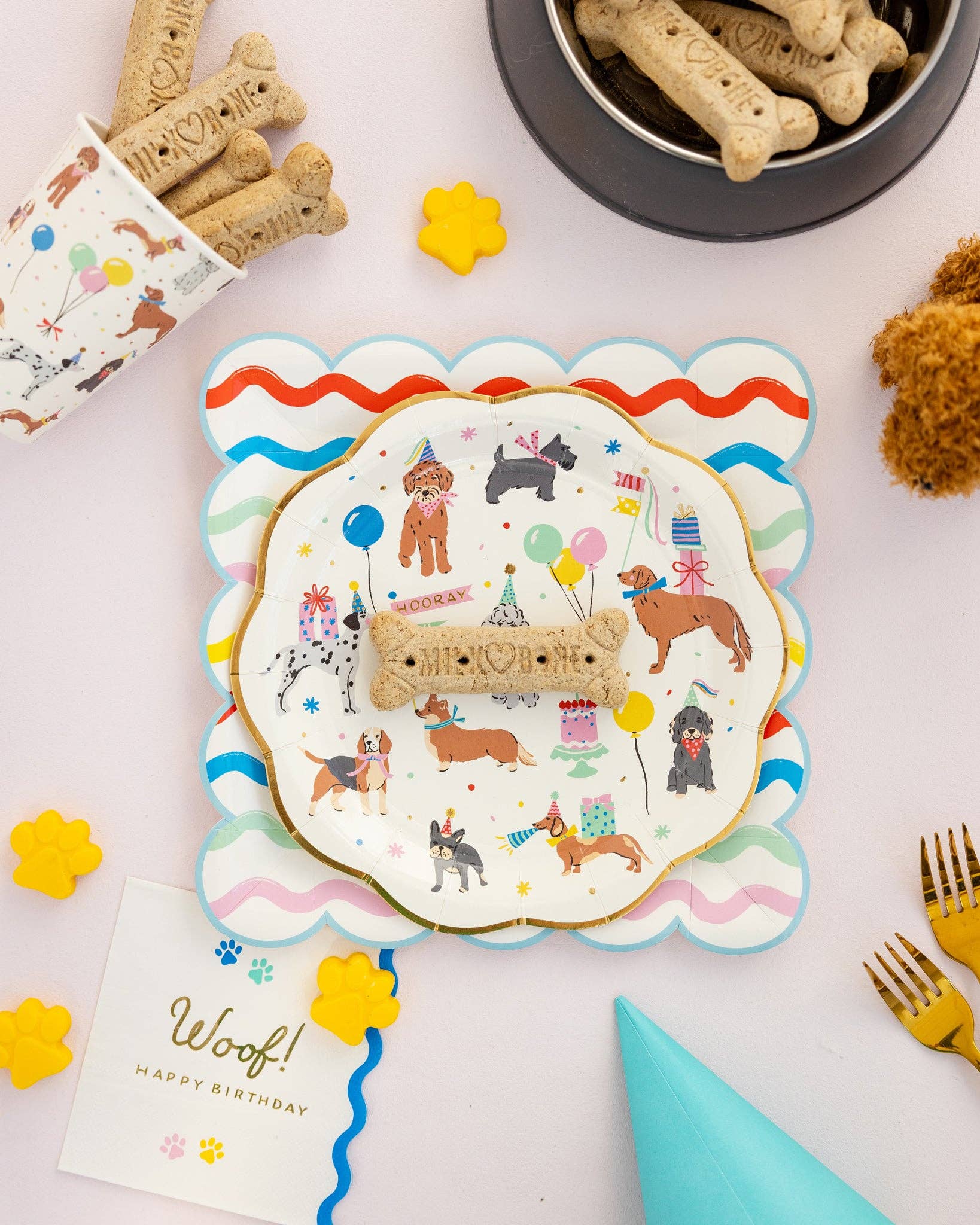 Dog party with decorative plates, napkins and treats