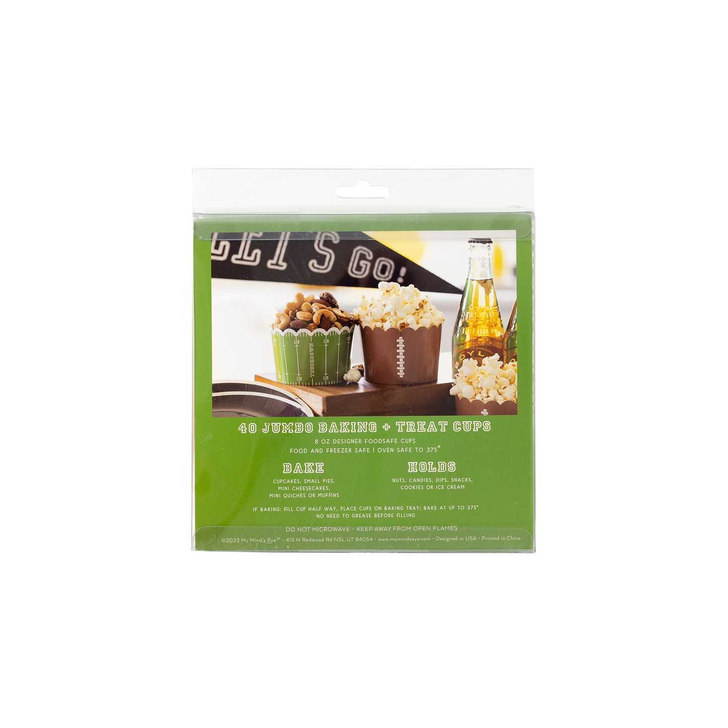 Back packaging of baking cups with images of baked goods on a white background