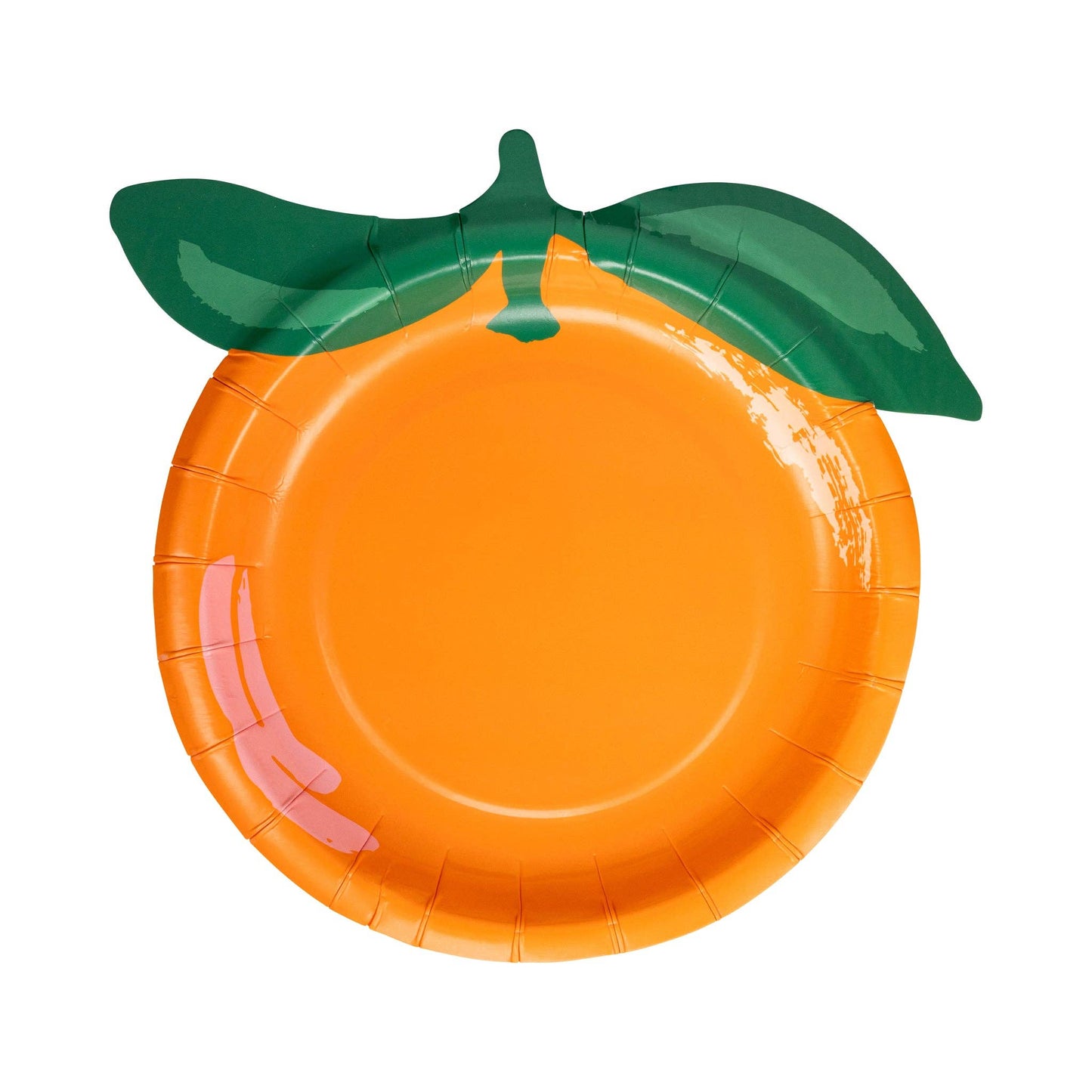 Orange-shaped paper plate with green stem and leaf on a white background