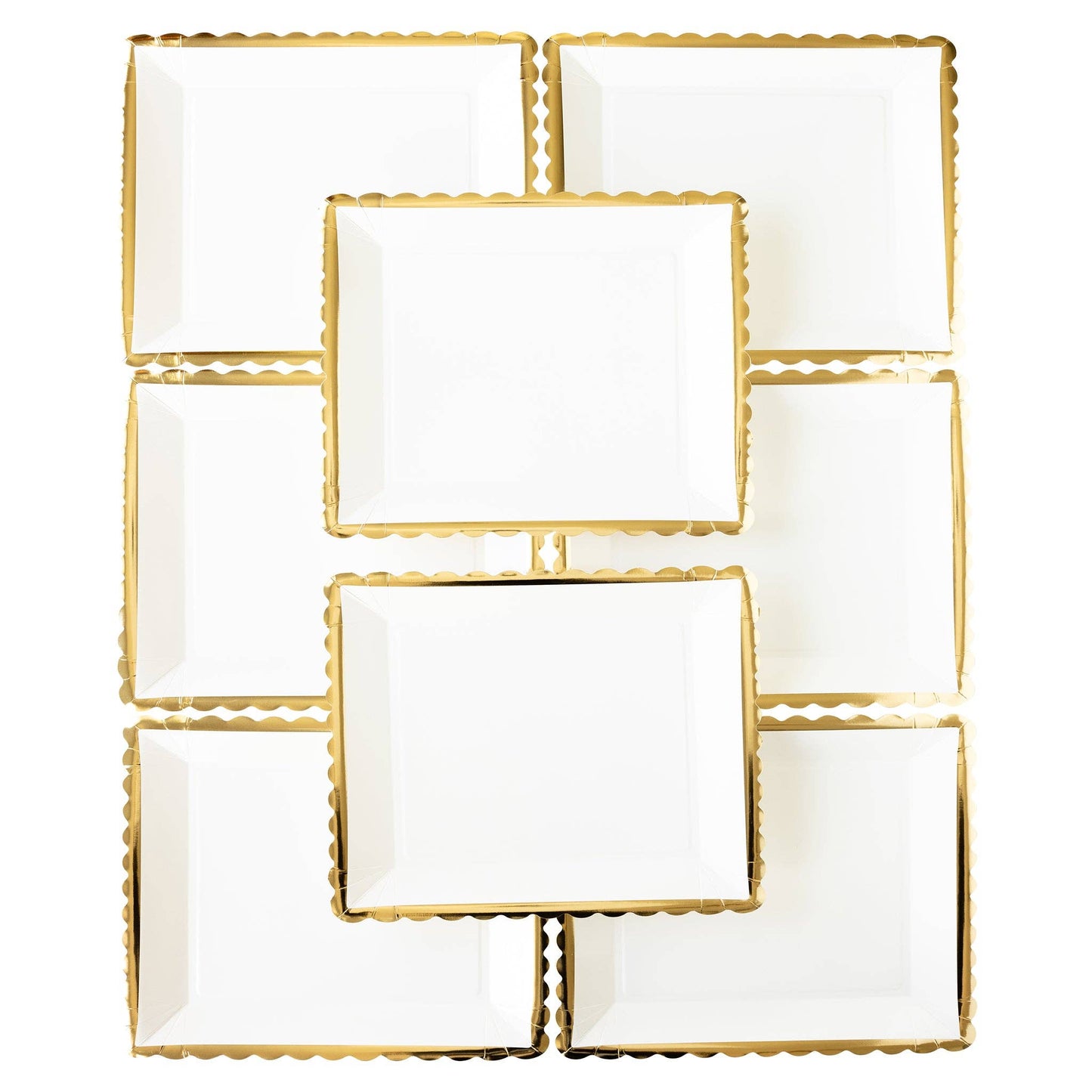 large white square paper plate with gold scalloped edge detail