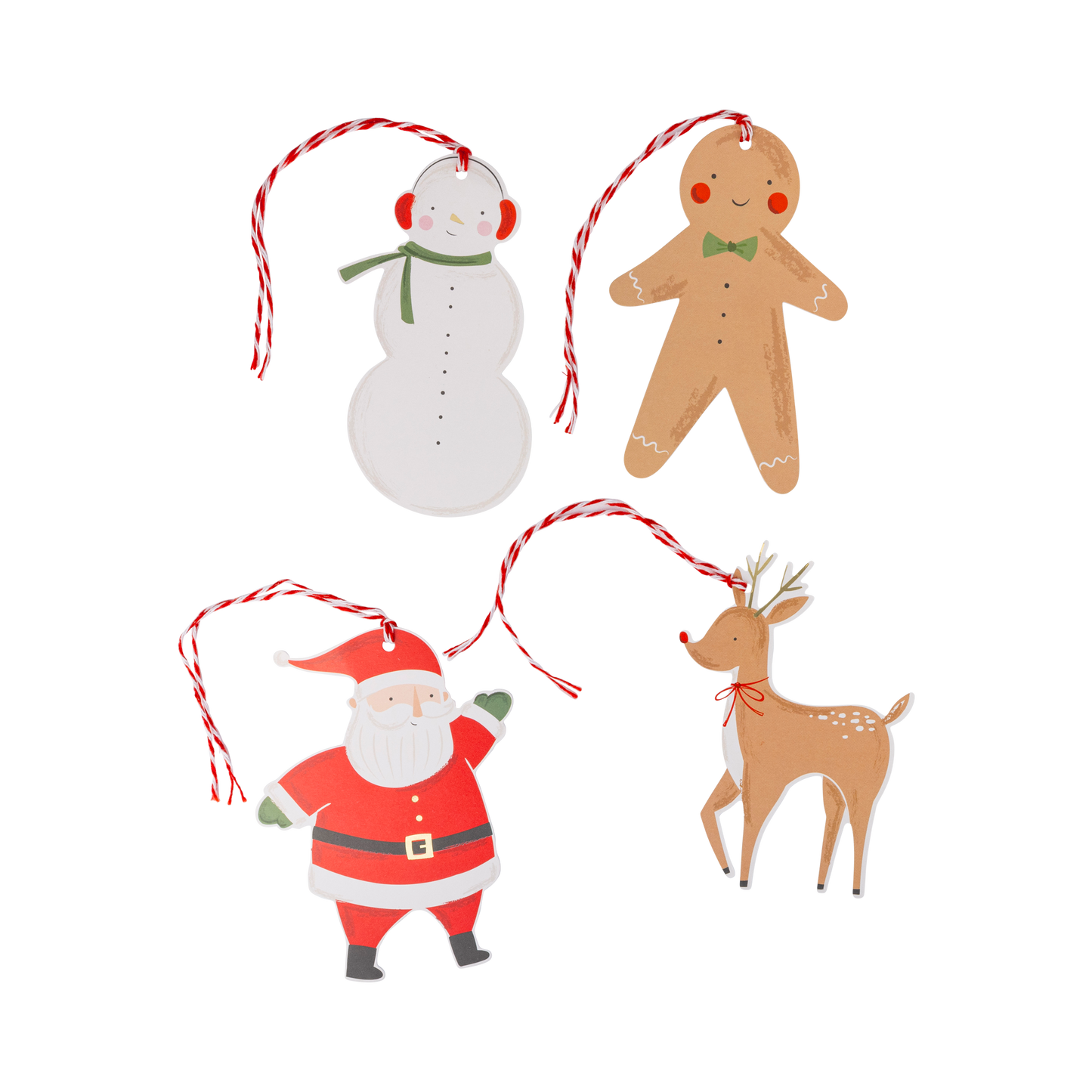 Set of Christmas gift tags including a snowman, gingerbread man, Santa Claus, and deer on a white background.