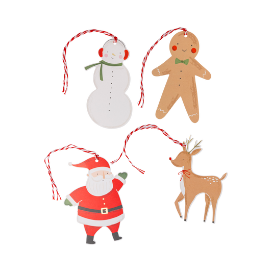 Set of Christmas gift tags including a snowman, gingerbread man, Santa Claus, and deer on a white background.