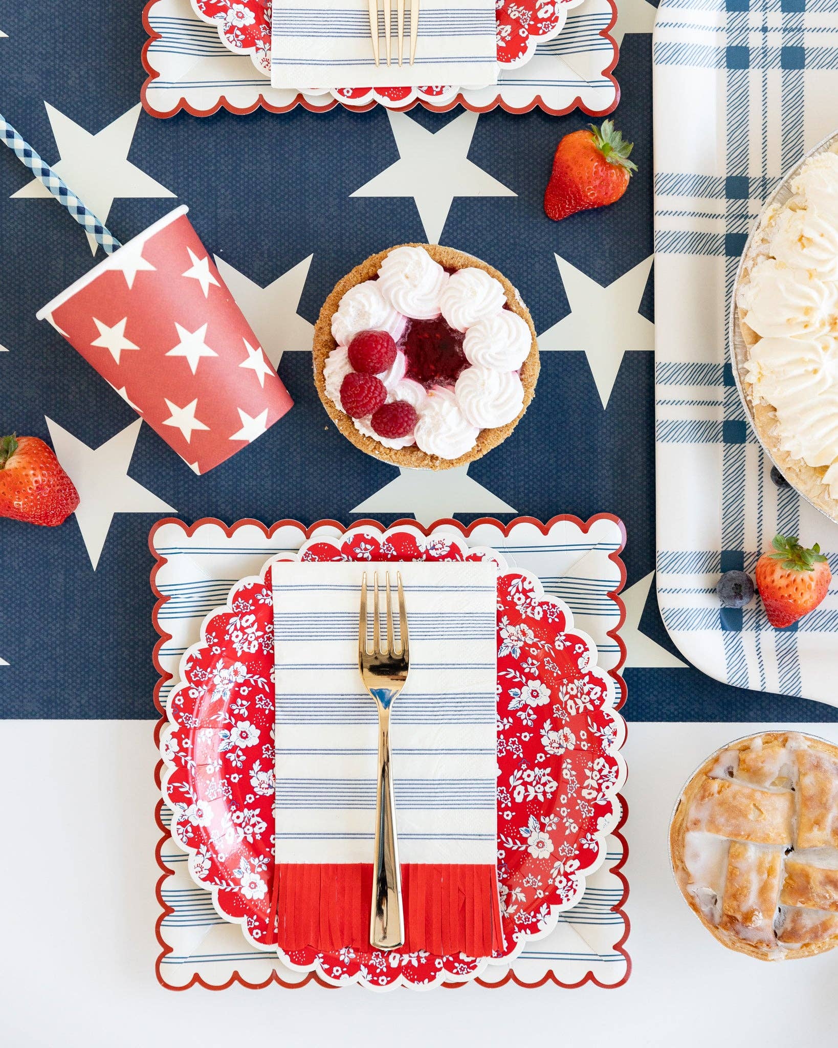 Red and blue cups with white star print