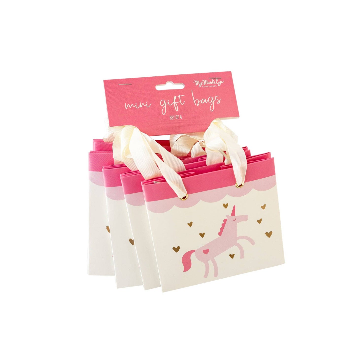 Set of 6 mini unicorn gift bags with ribbon handles on a white background