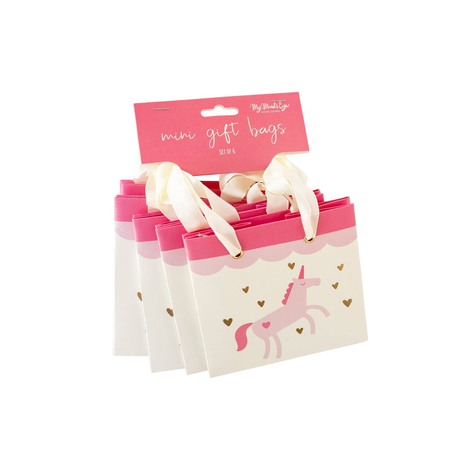 Set of 6 mini unicorn gift bags with ribbon handles on a white background