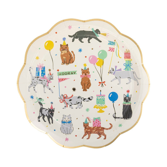 Decorative scalloped paper party plate with cartoon cats and party elements depicted
