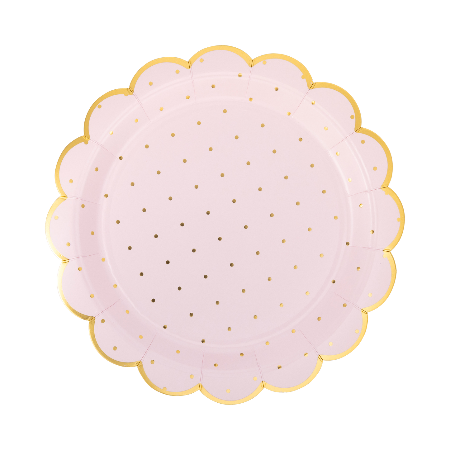 Round pink plate with gold polka dots and a scalloped edge on a white background