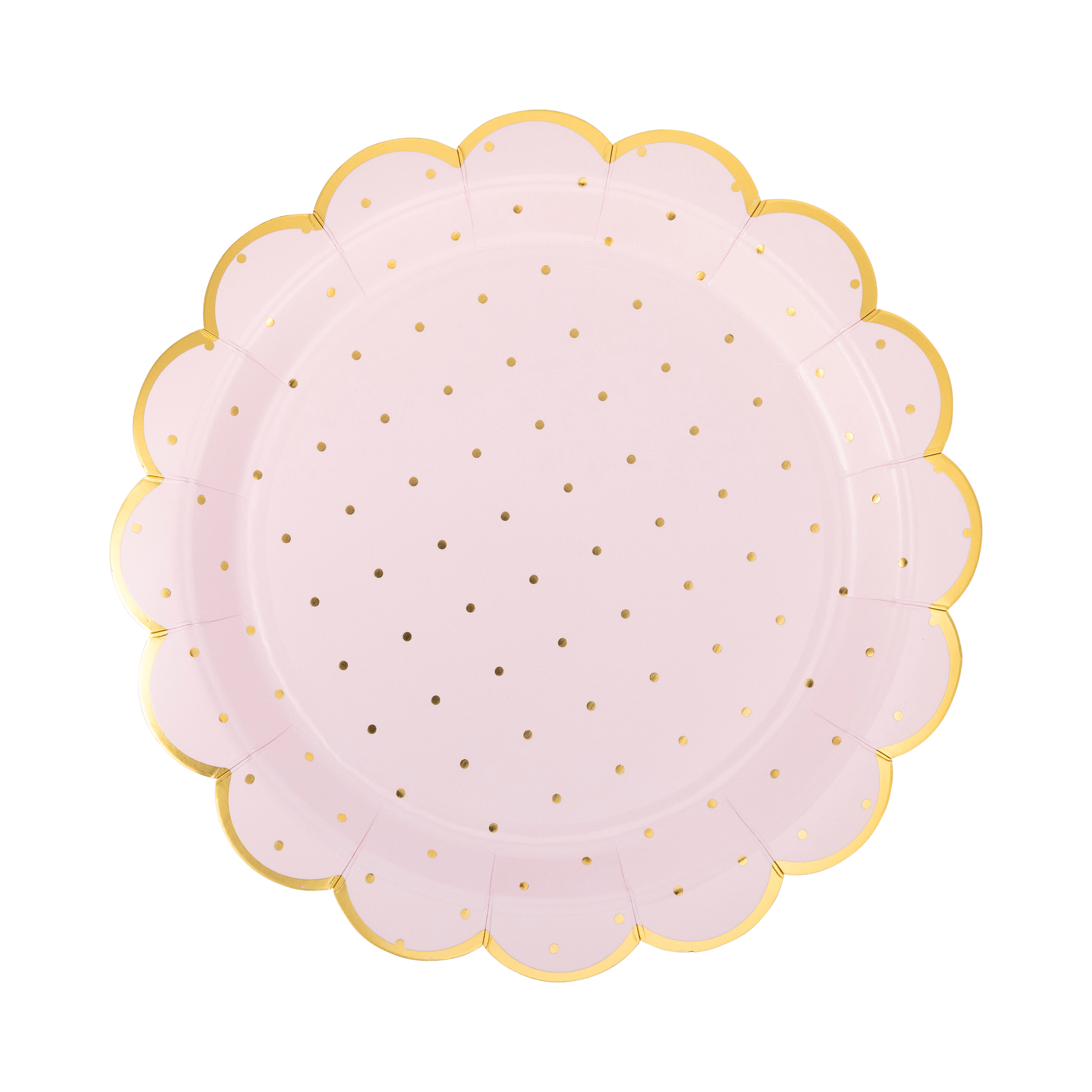 Round pink plate with gold polka dots and a scalloped edge on a white background