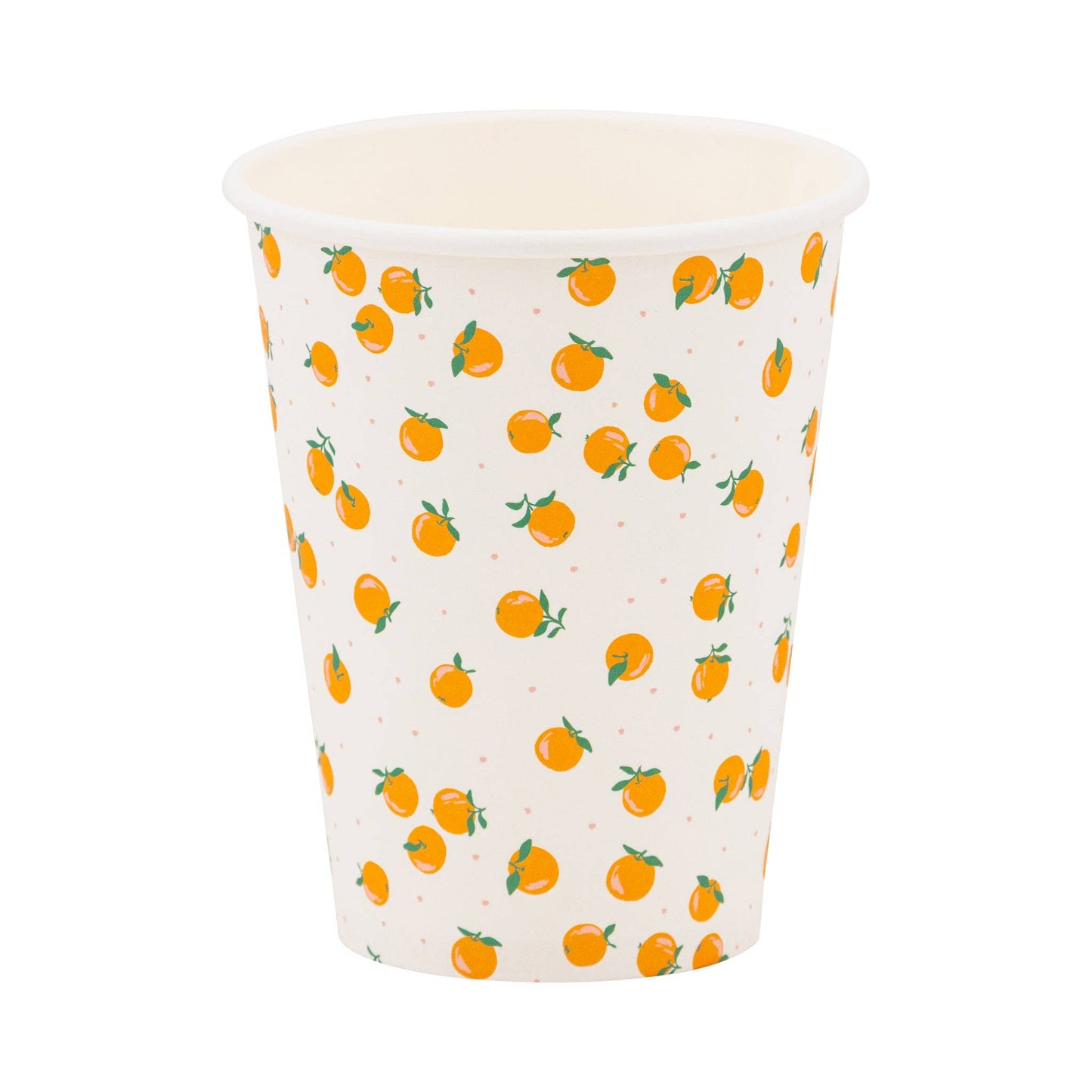 Paper cup with mini oranges and polka dots on a white background