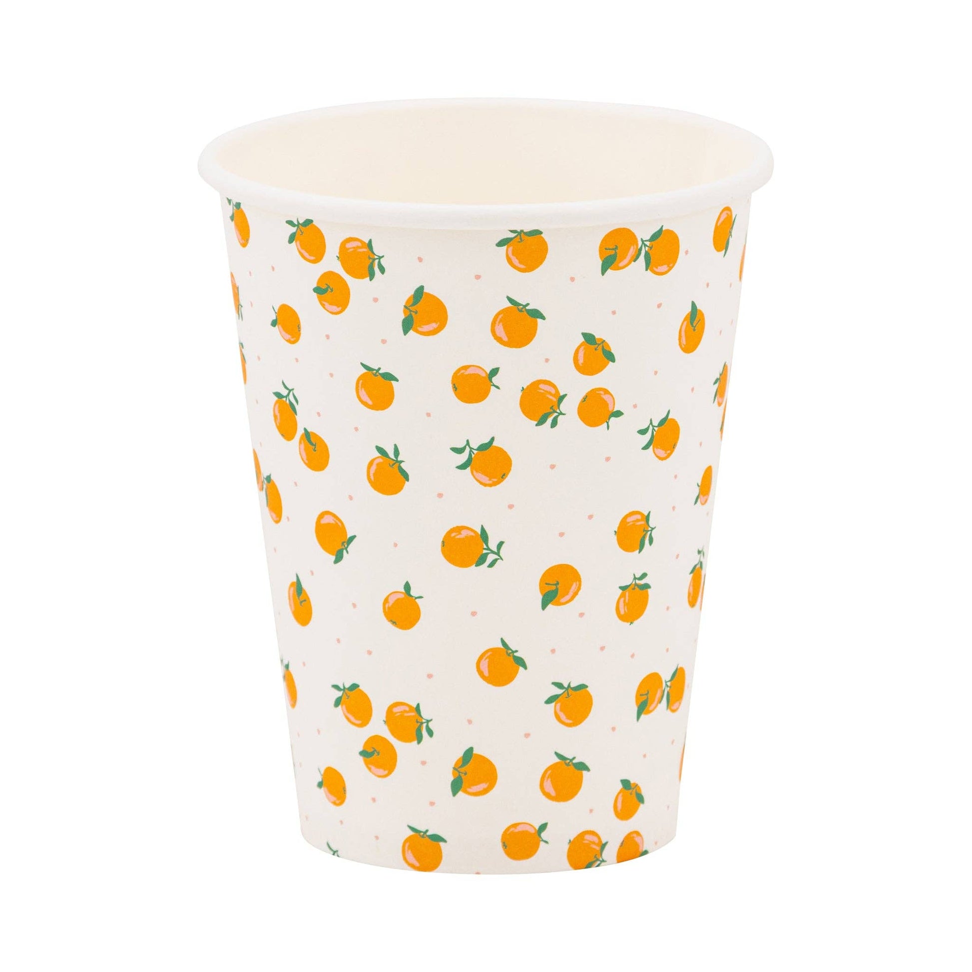Paper cup with mini oranges and polka dots on a white background