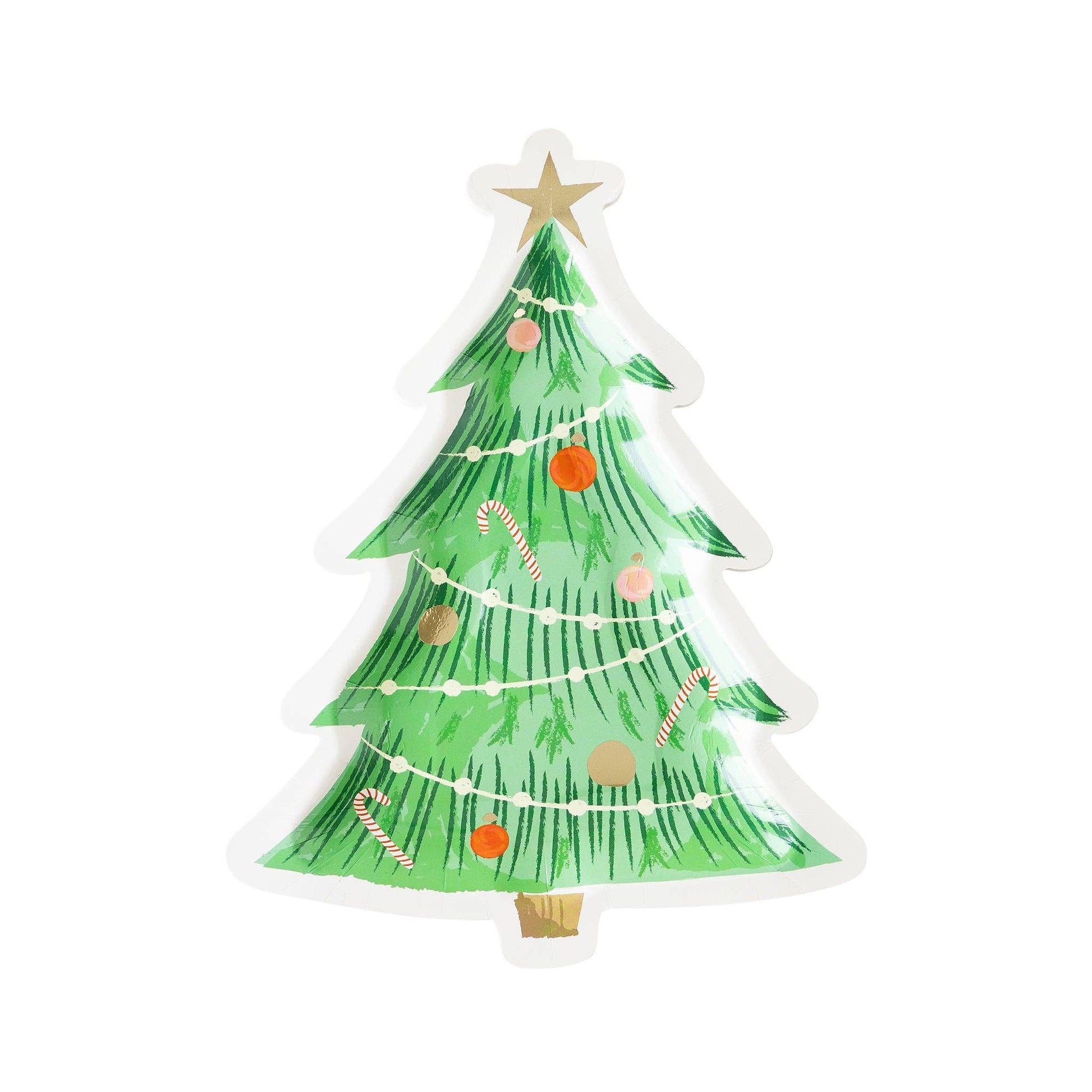 Decorative Christmas tree plate with lights and ornaments on a white background