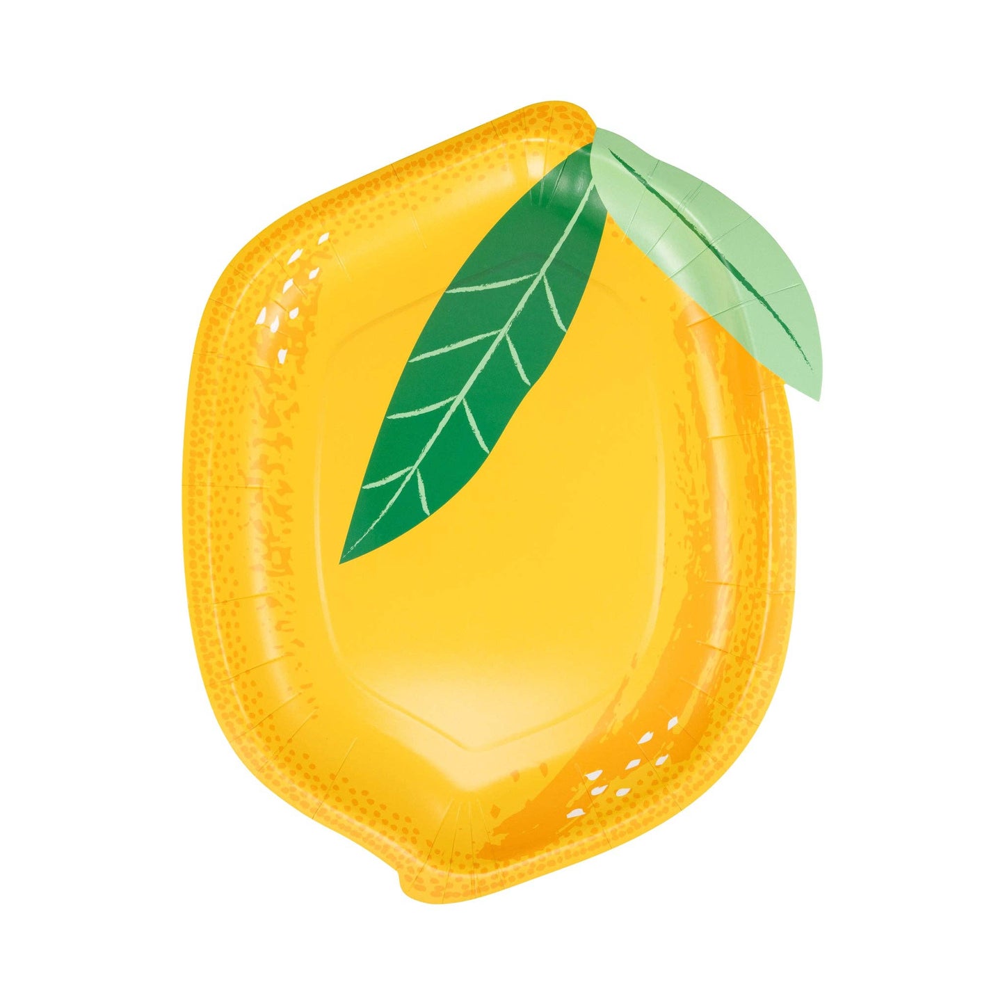 Lemon-shaped plate with a green leaf on a white background