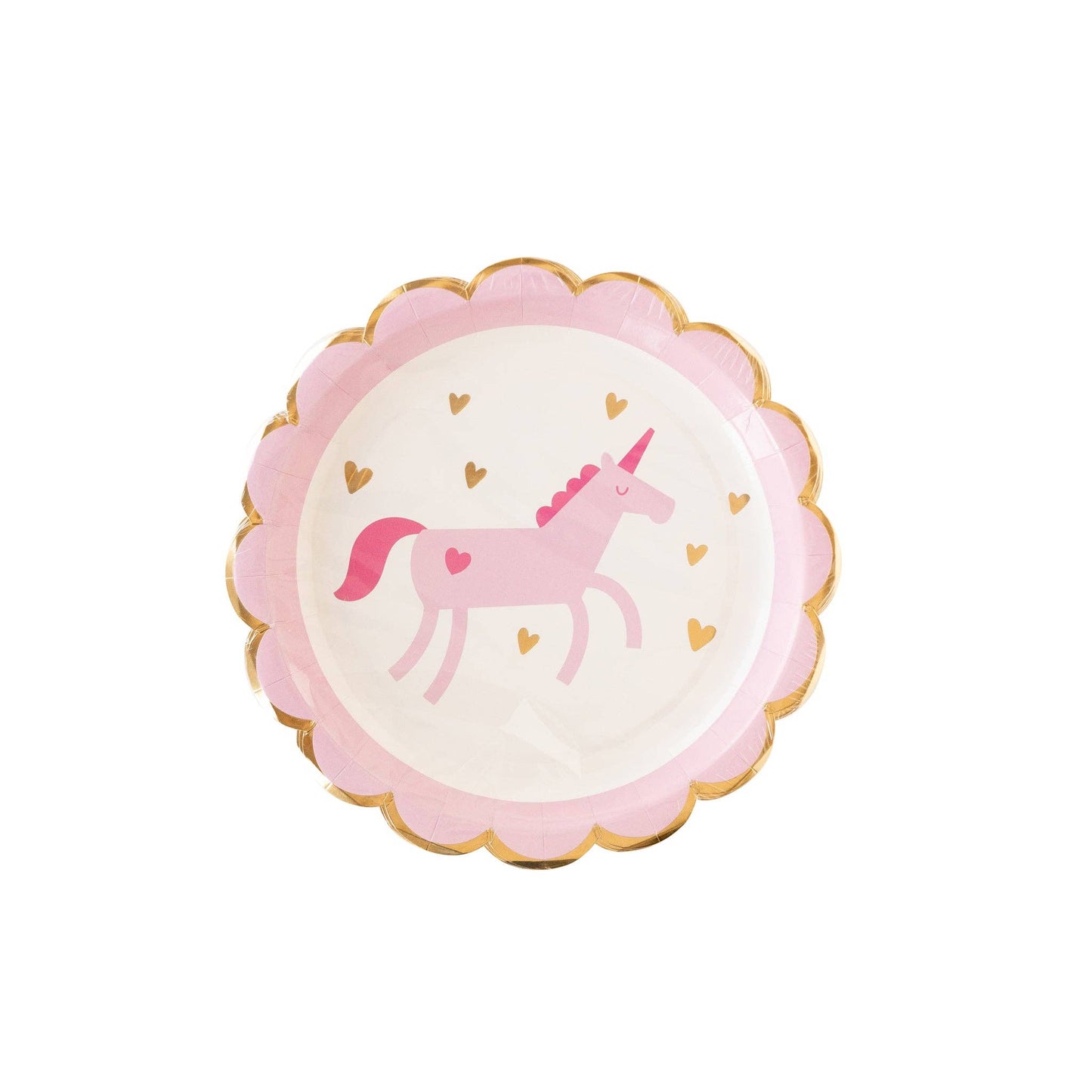 Round scalloped edge pink plate with a unicorn design on a white background