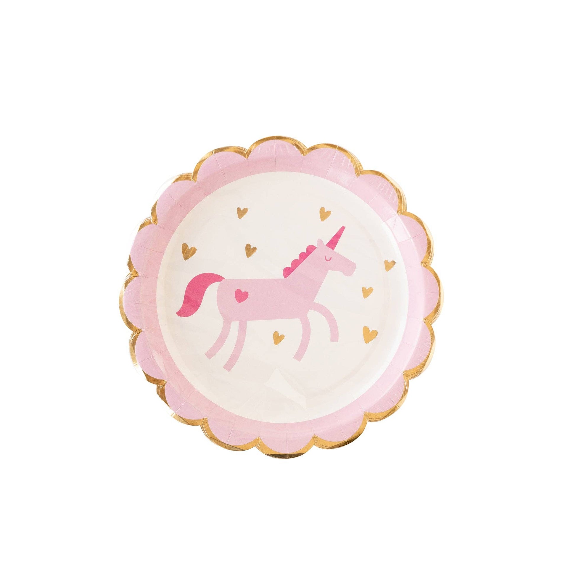 Round scalloped edge pink plate with a unicorn design on a white background