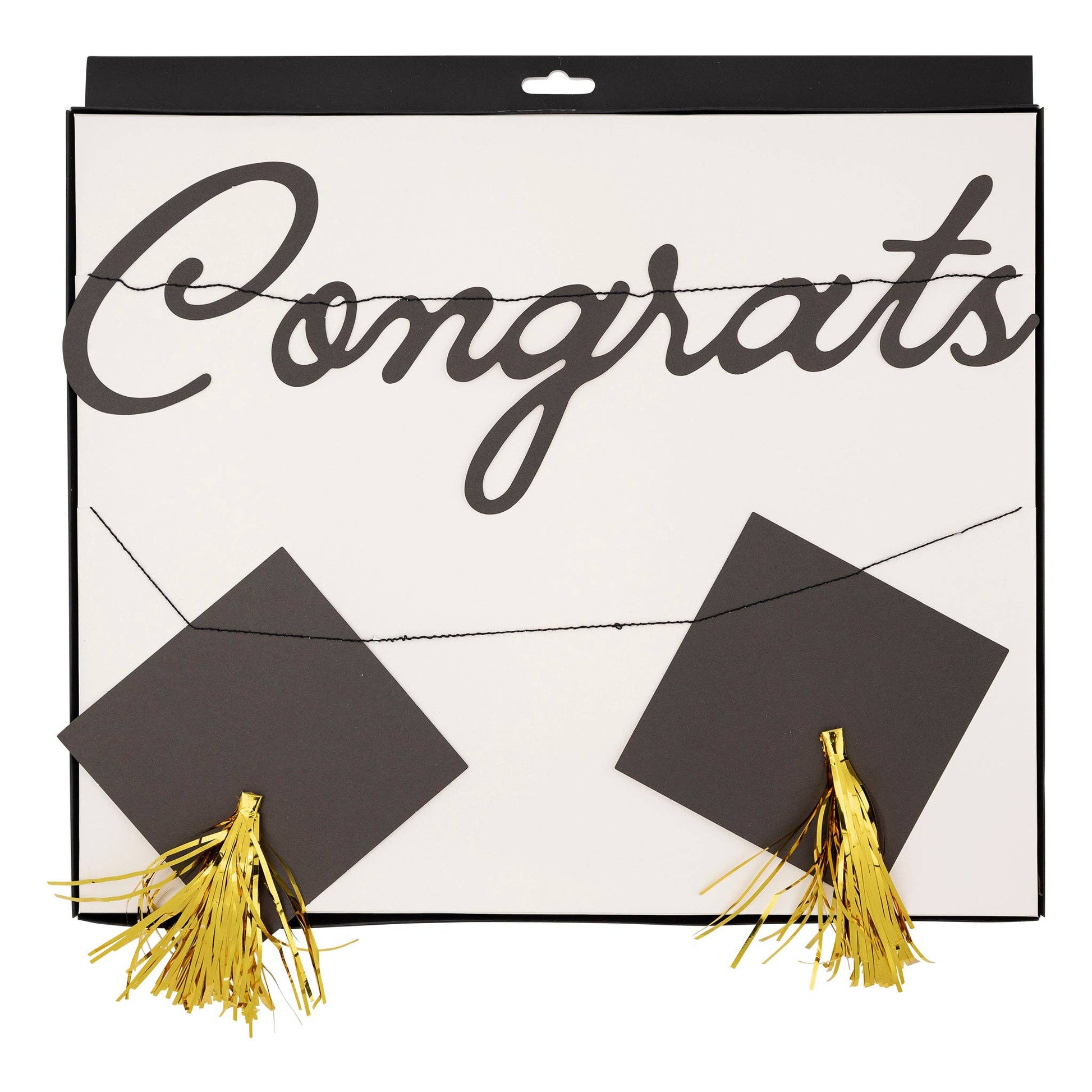 Graduation banner with 'Congrats' and black caps with gold tassels on a white background.